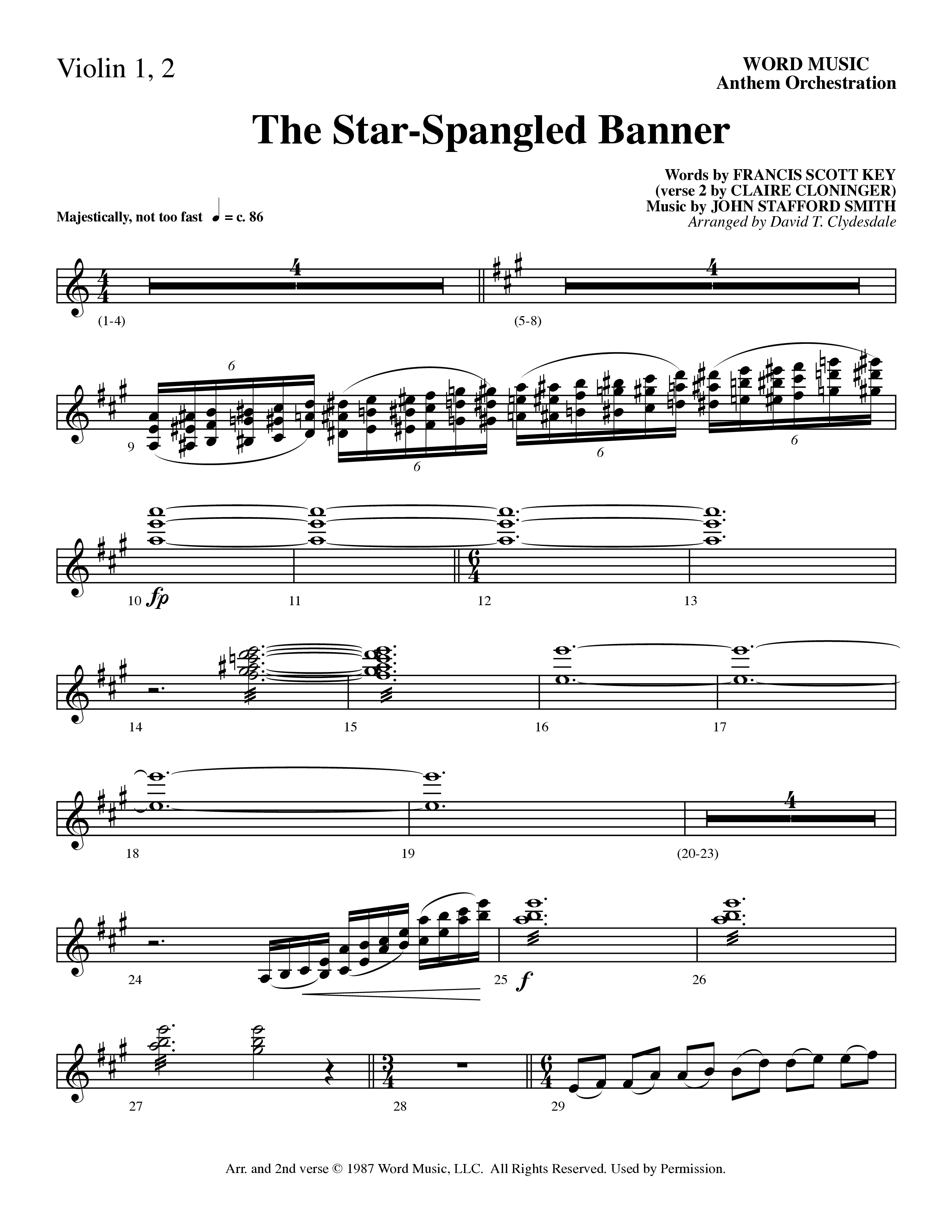 The Star-Spangled Banner (Choral Anthem SATB) Violin 1/2 (Word Music Choral / Arr. David Clydesdale)
