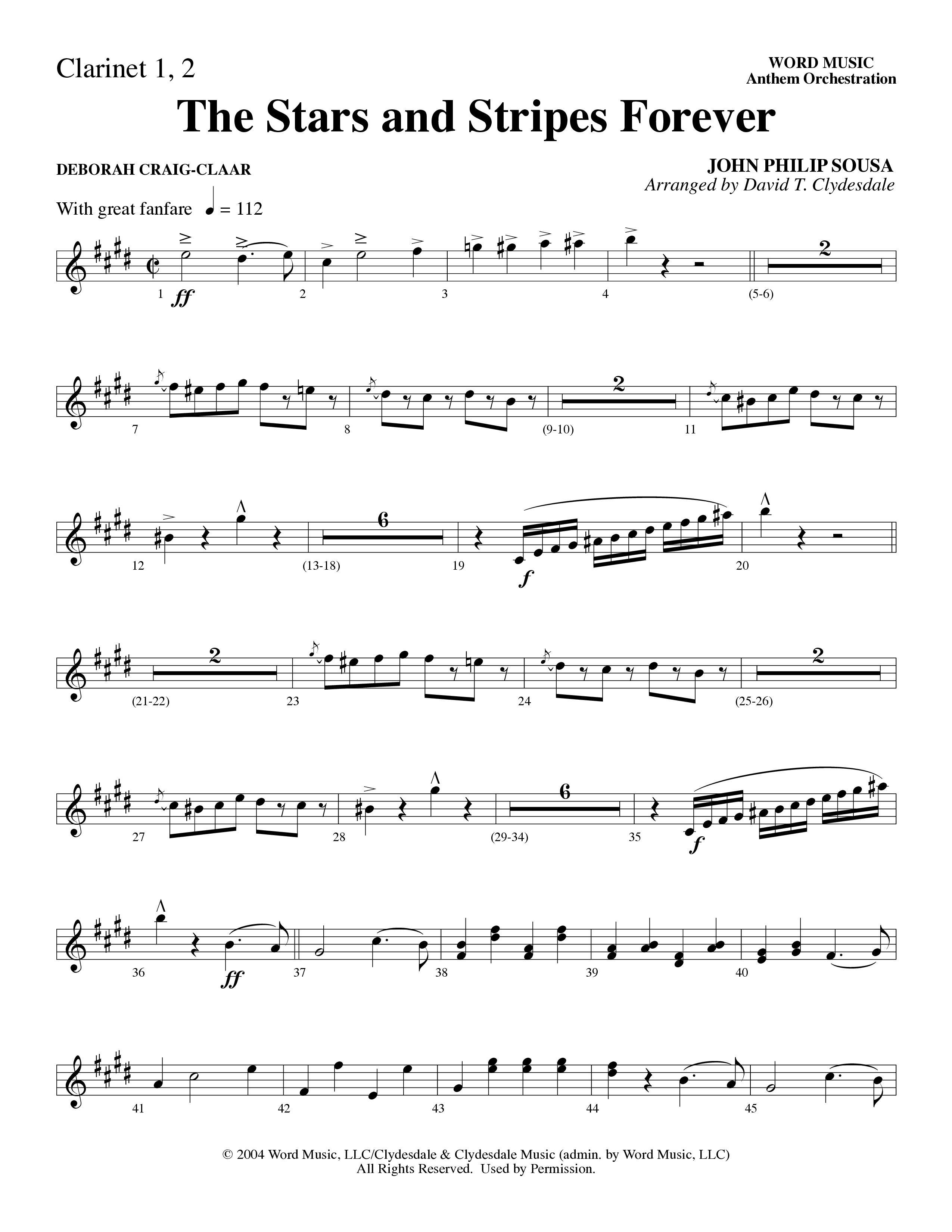 The Stars And Stripes Forever (Choral Anthem SATB) Clarinet 1/2 (Word Music Choral / Arr. David T. Clydesdale)