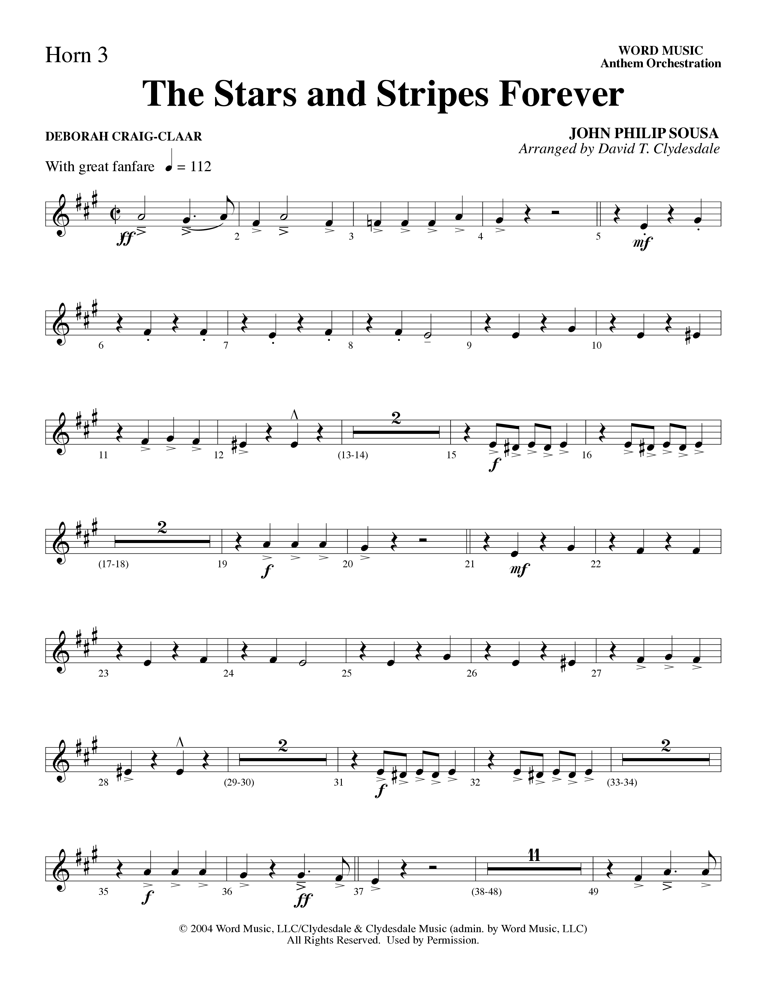 The Stars And Stripes Forever (Choral Anthem SATB) French Horn 3 (Word Music Choral / Arr. David T. Clydesdale)