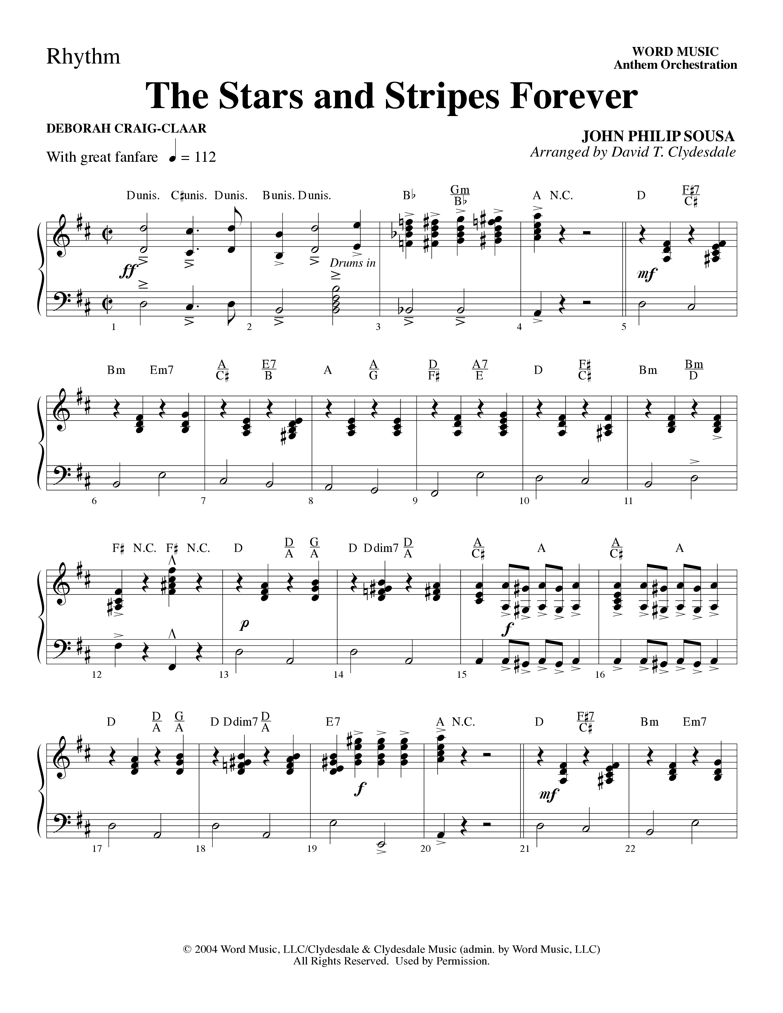 The Stars And Stripes Forever (Choral Anthem SATB) Rhythm Chart (Word Music Choral / Arr. David T. Clydesdale)