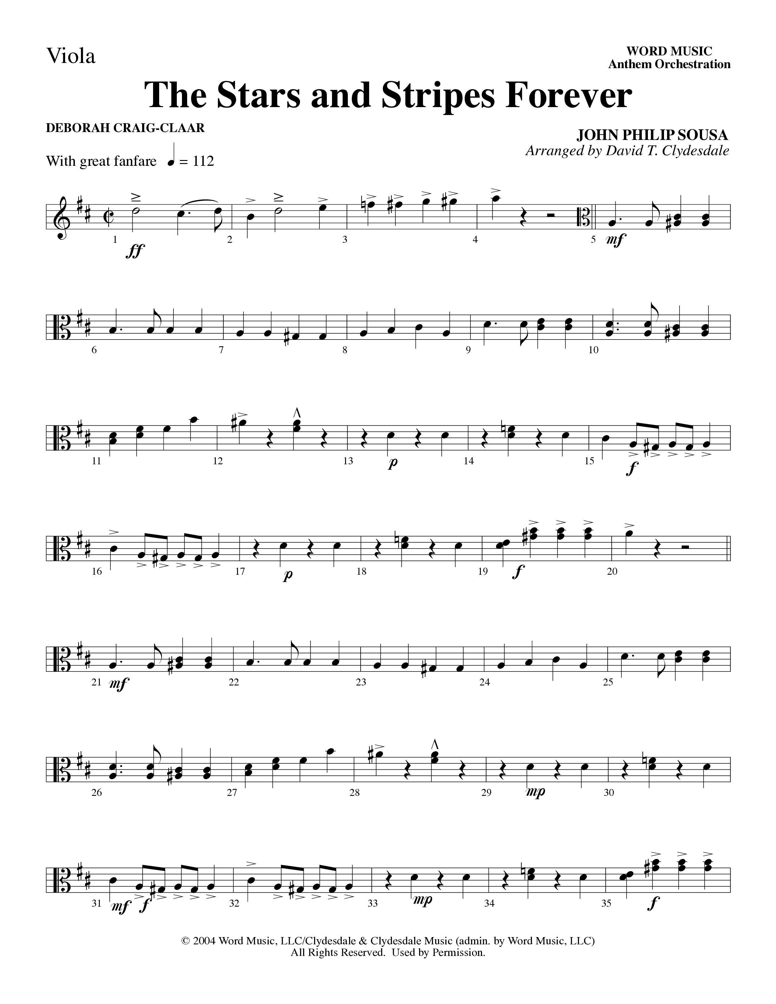 The Stars And Stripes Forever (Choral Anthem SATB) Viola (Word Music Choral / Arr. David T. Clydesdale)