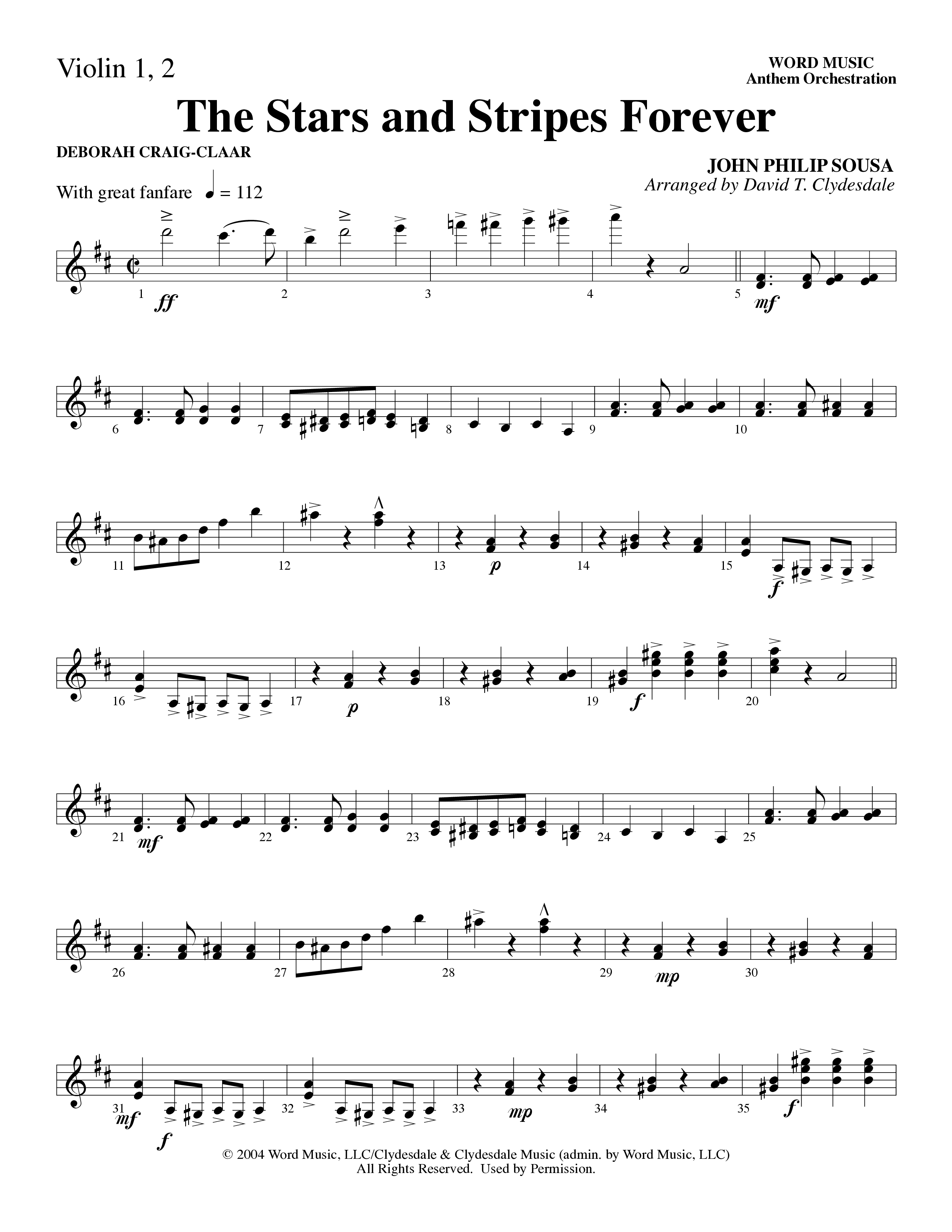 The Stars And Stripes Forever (Choral Anthem SATB) Violin 1/2 (Word Music Choral / Arr. David T. Clydesdale)