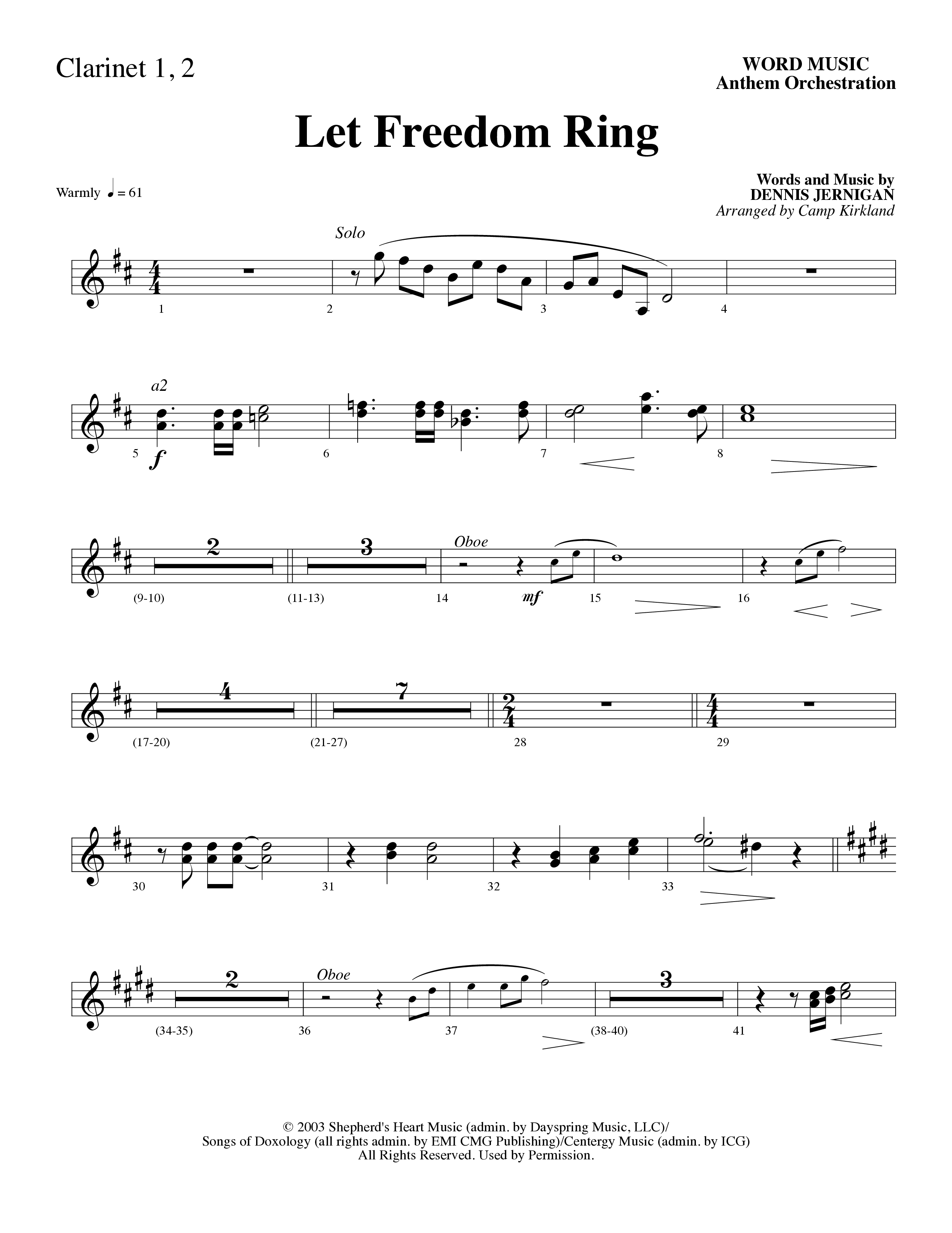 Let Freedom Ring (Choral Anthem SATB) Clarinet 1/2 (Word Music Choral / Arr. Camp Kirkland)