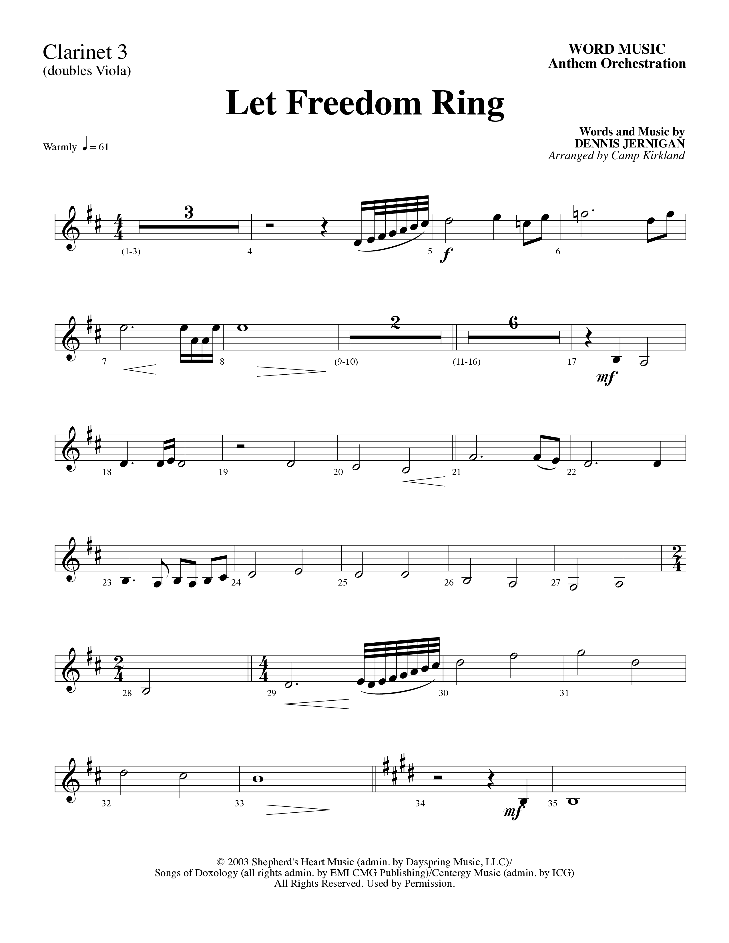 Let Freedom Ring (Choral Anthem SATB) Clarinet 3 (Word Music Choral / Arr. Camp Kirkland)
