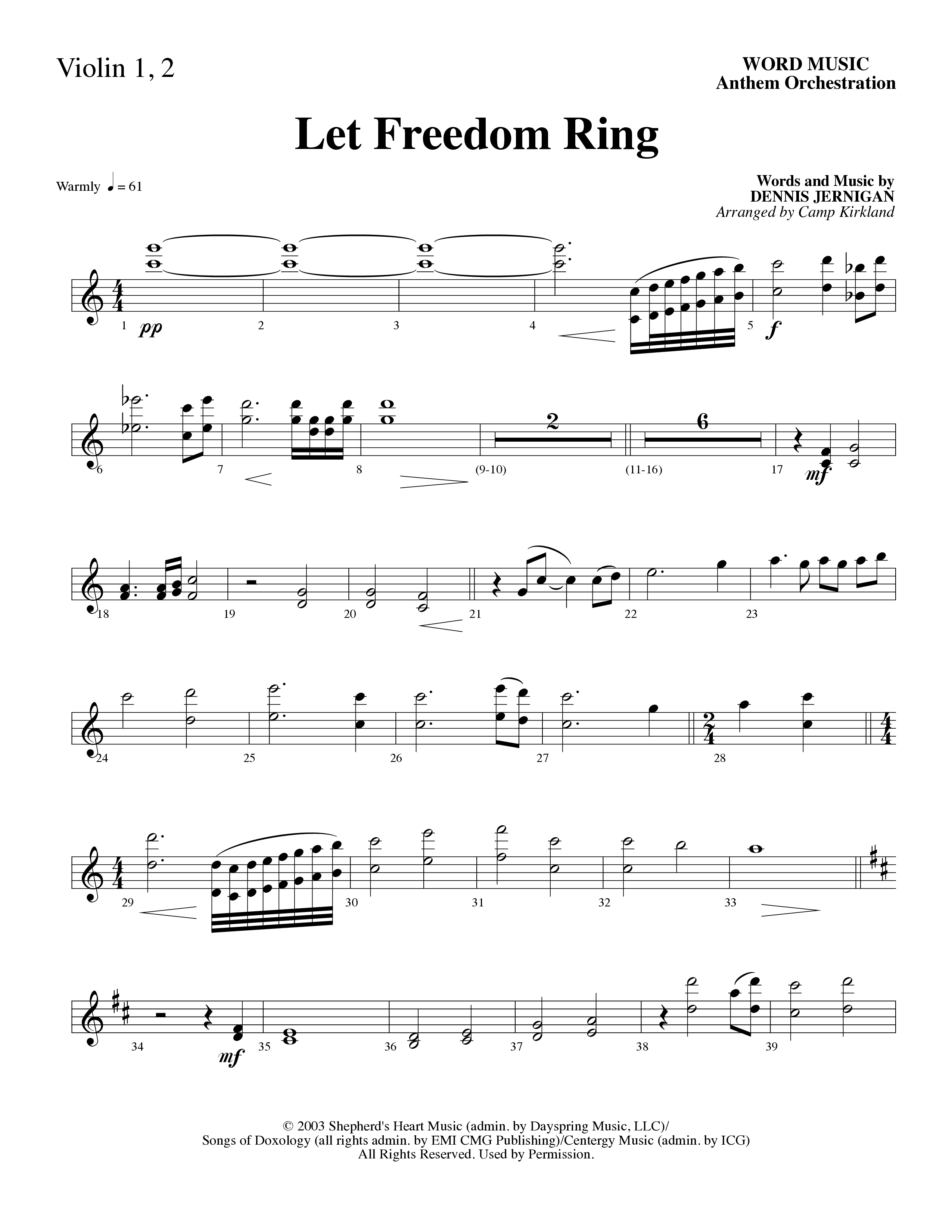 Let Freedom Ring (Choral Anthem SATB) Violin 1/2 (Word Music Choral / Arr. Camp Kirkland)