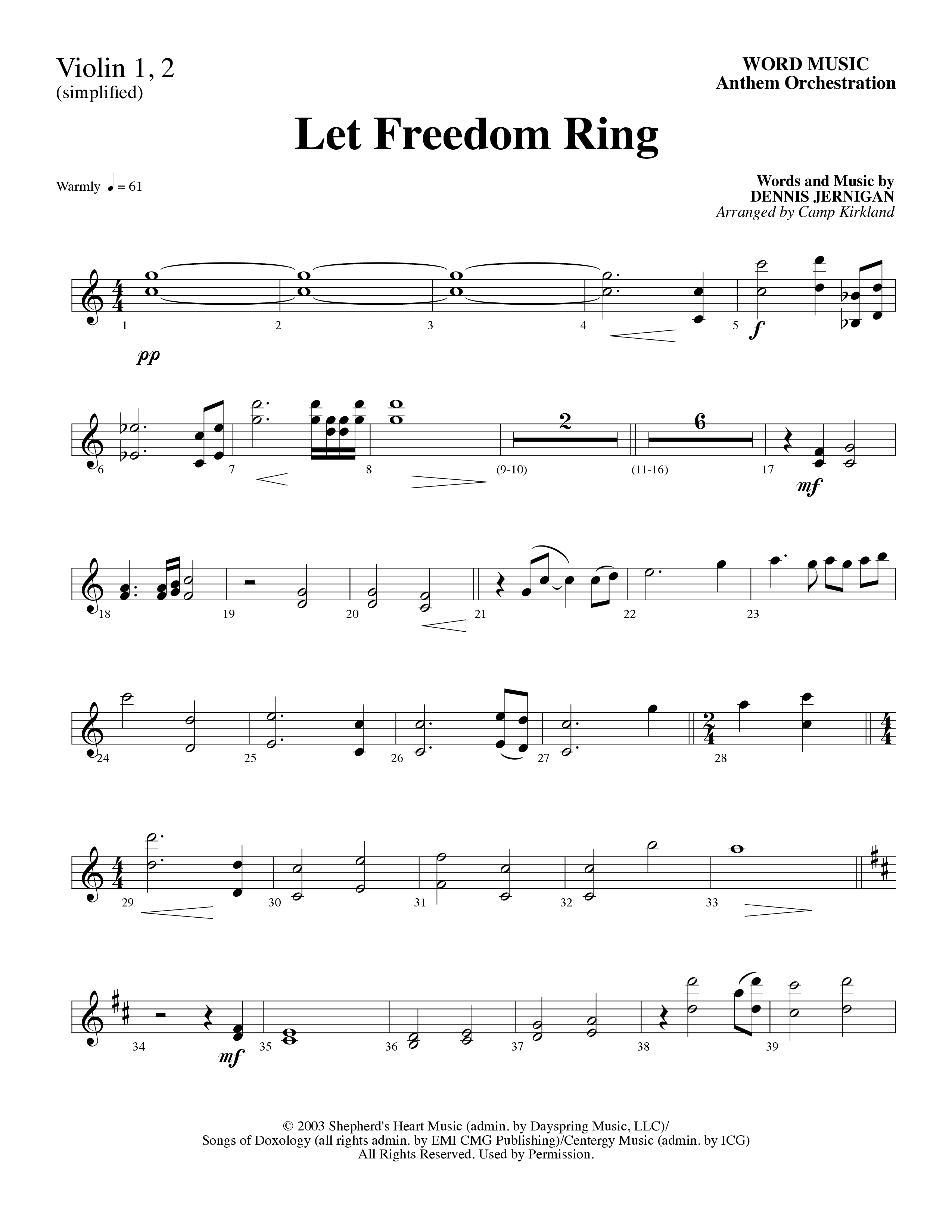 Let Freedom Ring (Choral Anthem SATB) Violin 1/2 (Word Music Choral / Arr. Camp Kirkland)
