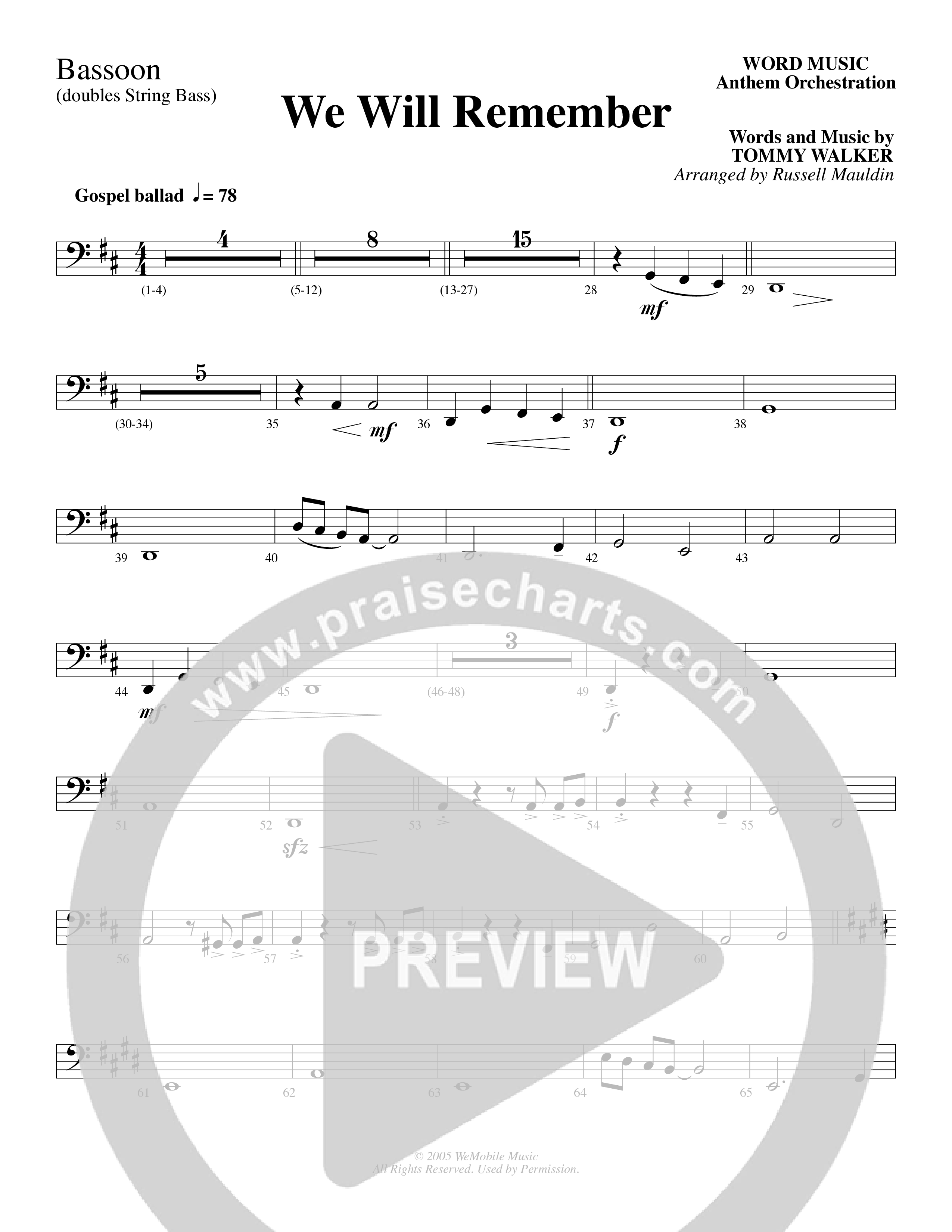 We Will Remember (Choral Anthem SATB) Bassoon (Word Music Choral / Arr. Russel Mauldin)
