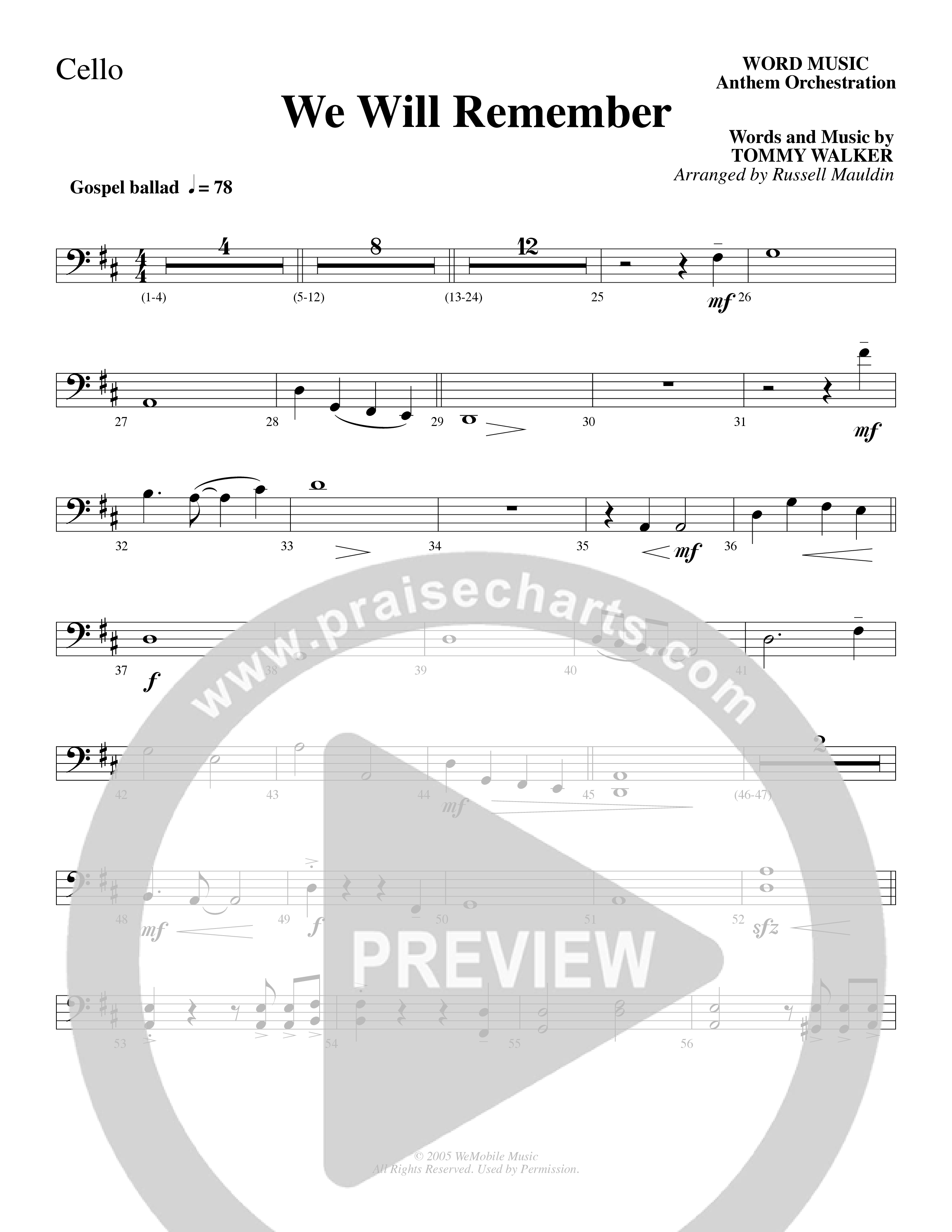 We Will Remember (Choral Anthem SATB) Cello (Word Music Choral / Arr. Russel Mauldin)