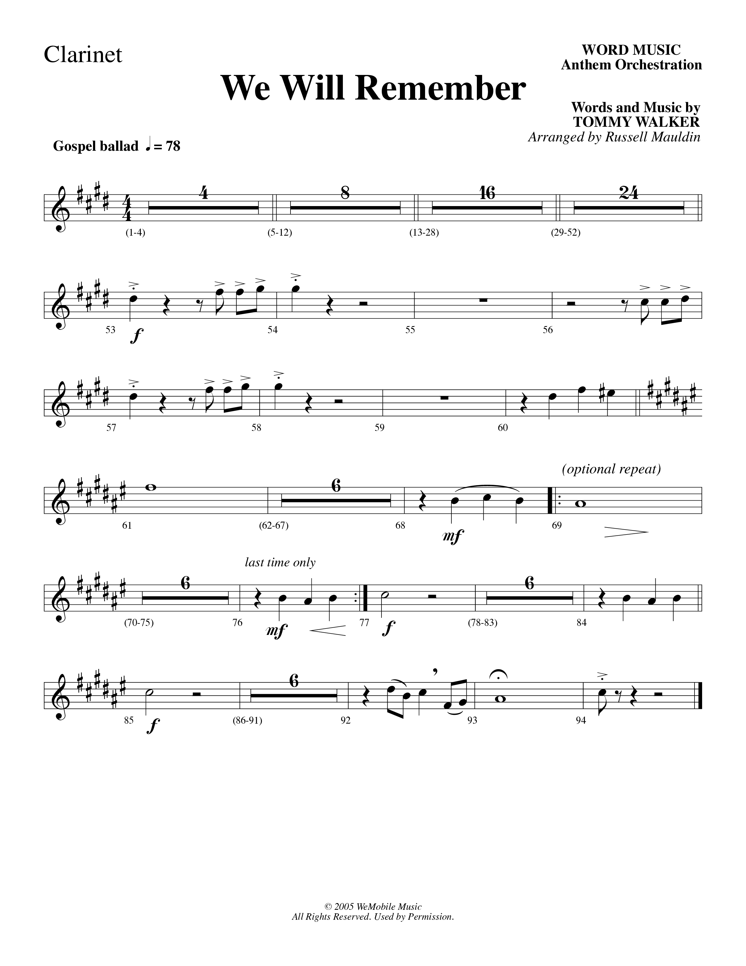 We Will Remember (Choral Anthem SATB) Clarinet (Word Music Choral / Arr. Russel Mauldin)