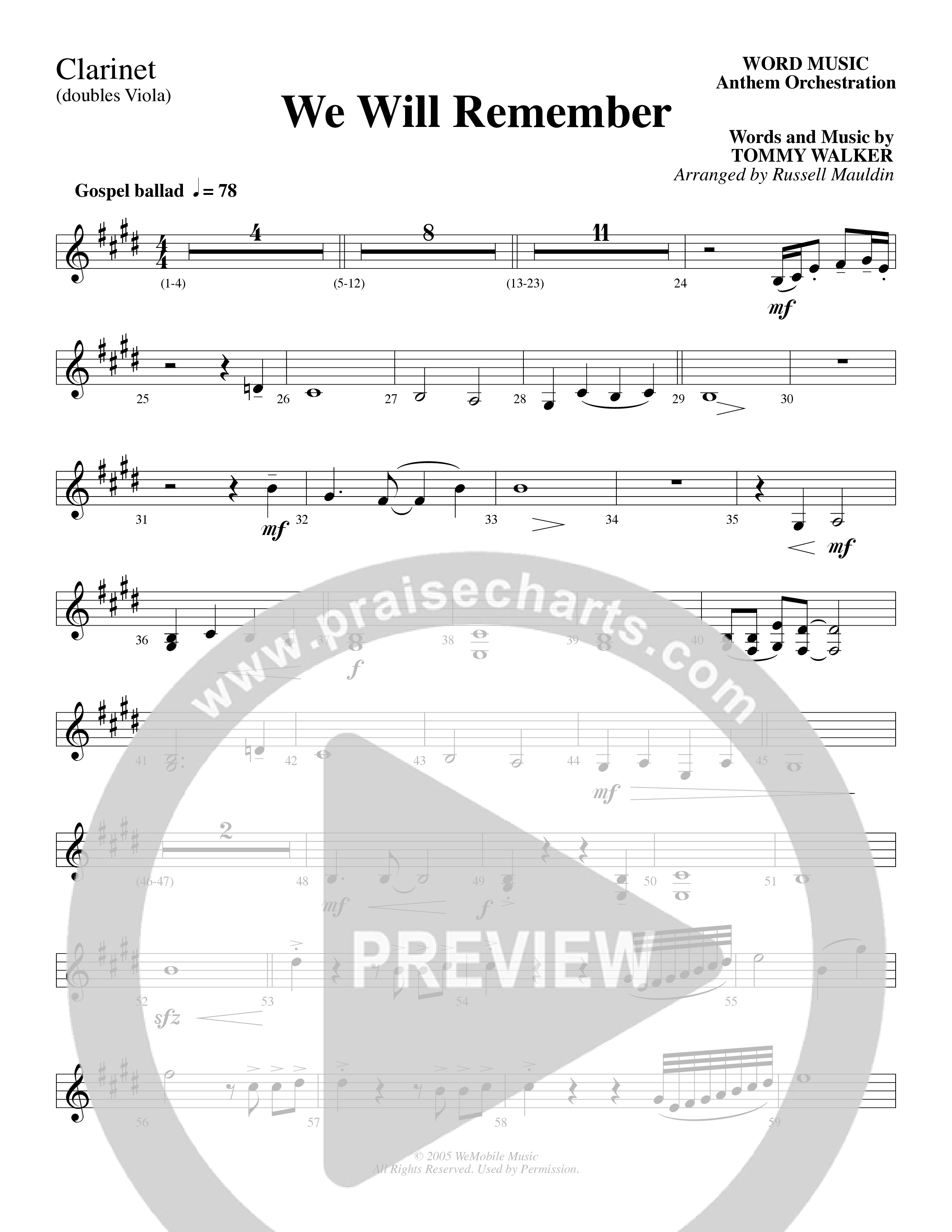 We Will Remember (Choral Anthem SATB) Clarinet (Word Music Choral / Arr. Russel Mauldin)