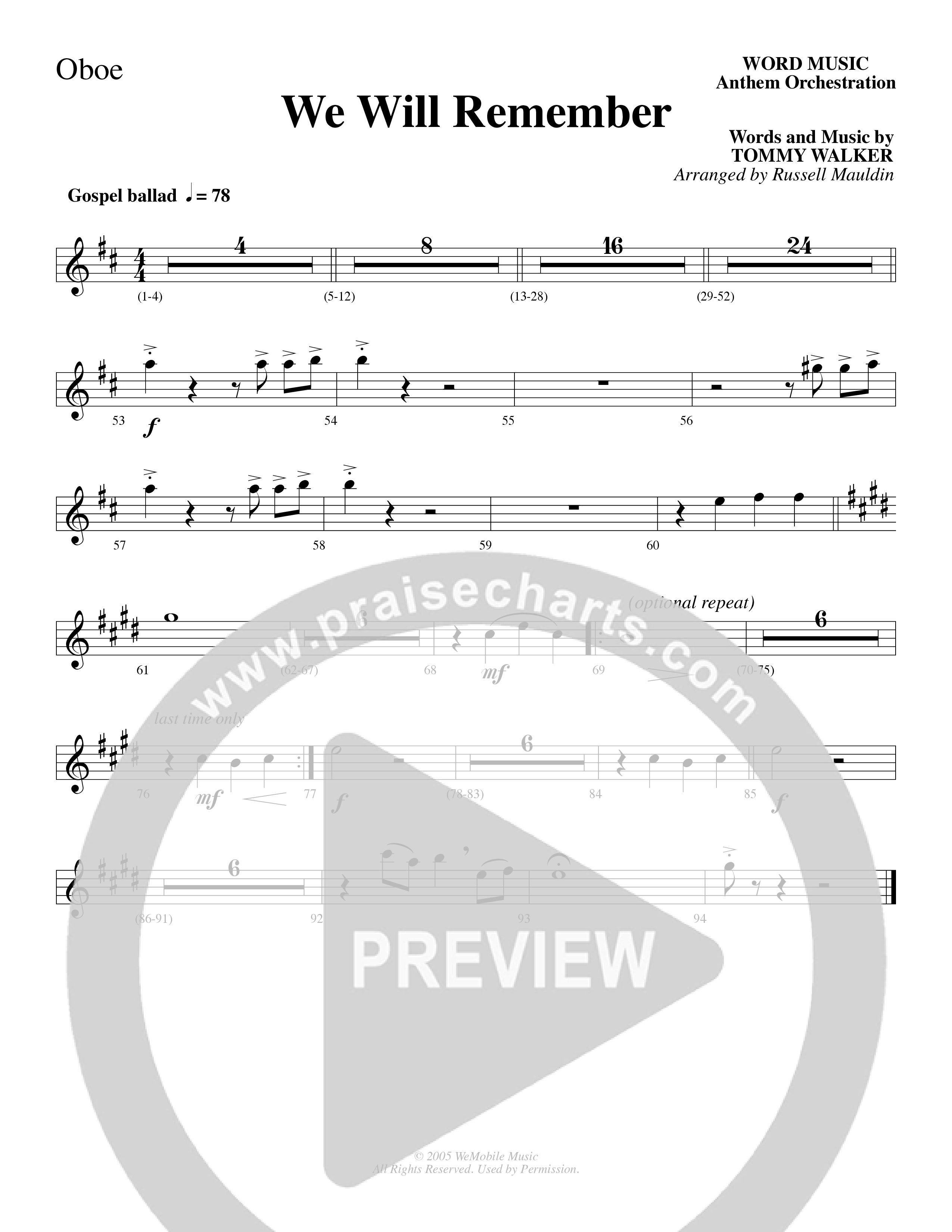 We Will Remember (Choral Anthem SATB) Oboe (Word Music Choral / Arr. Russel Mauldin)