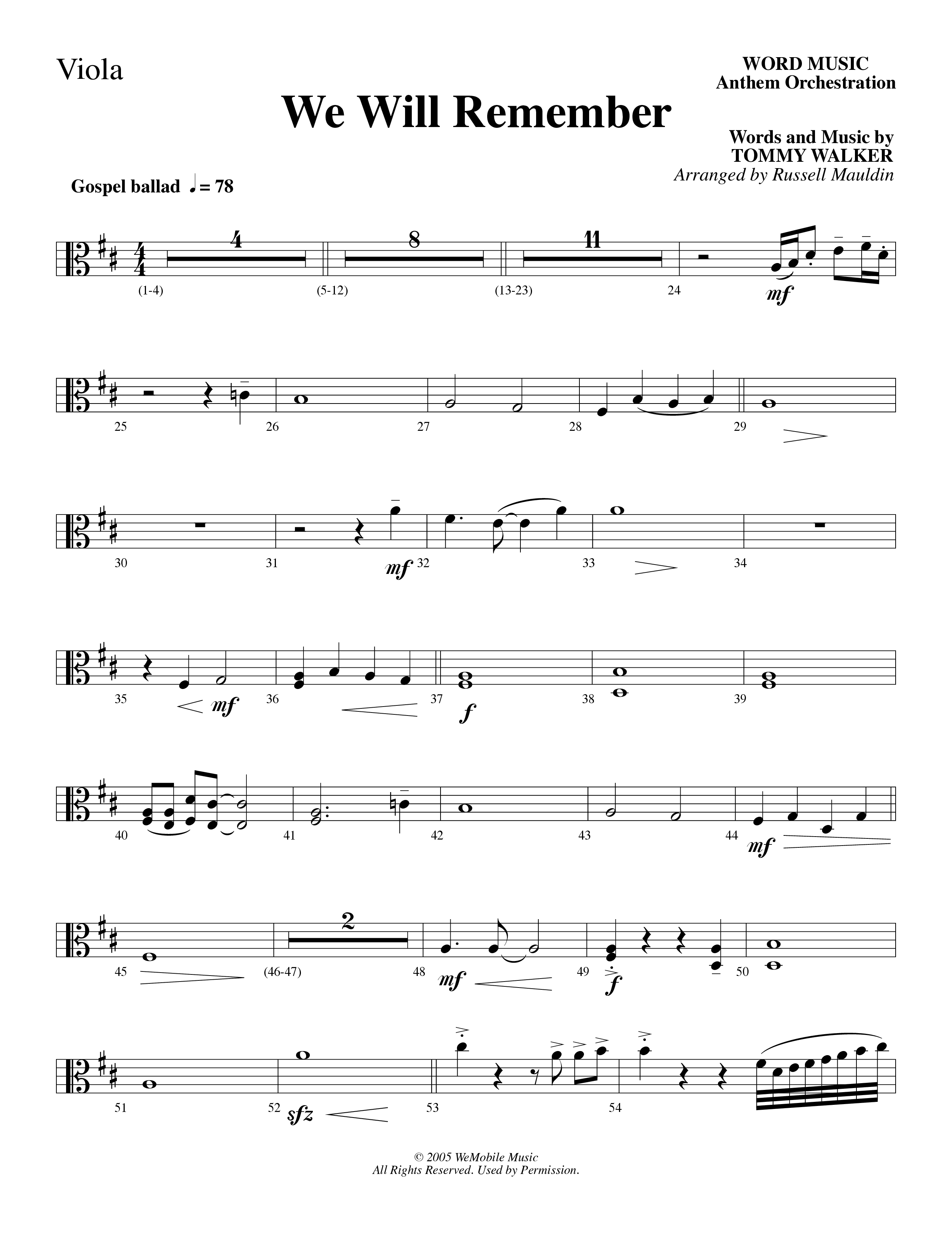 We Will Remember (Choral Anthem SATB) Viola (Word Music Choral / Arr. Russel Mauldin)