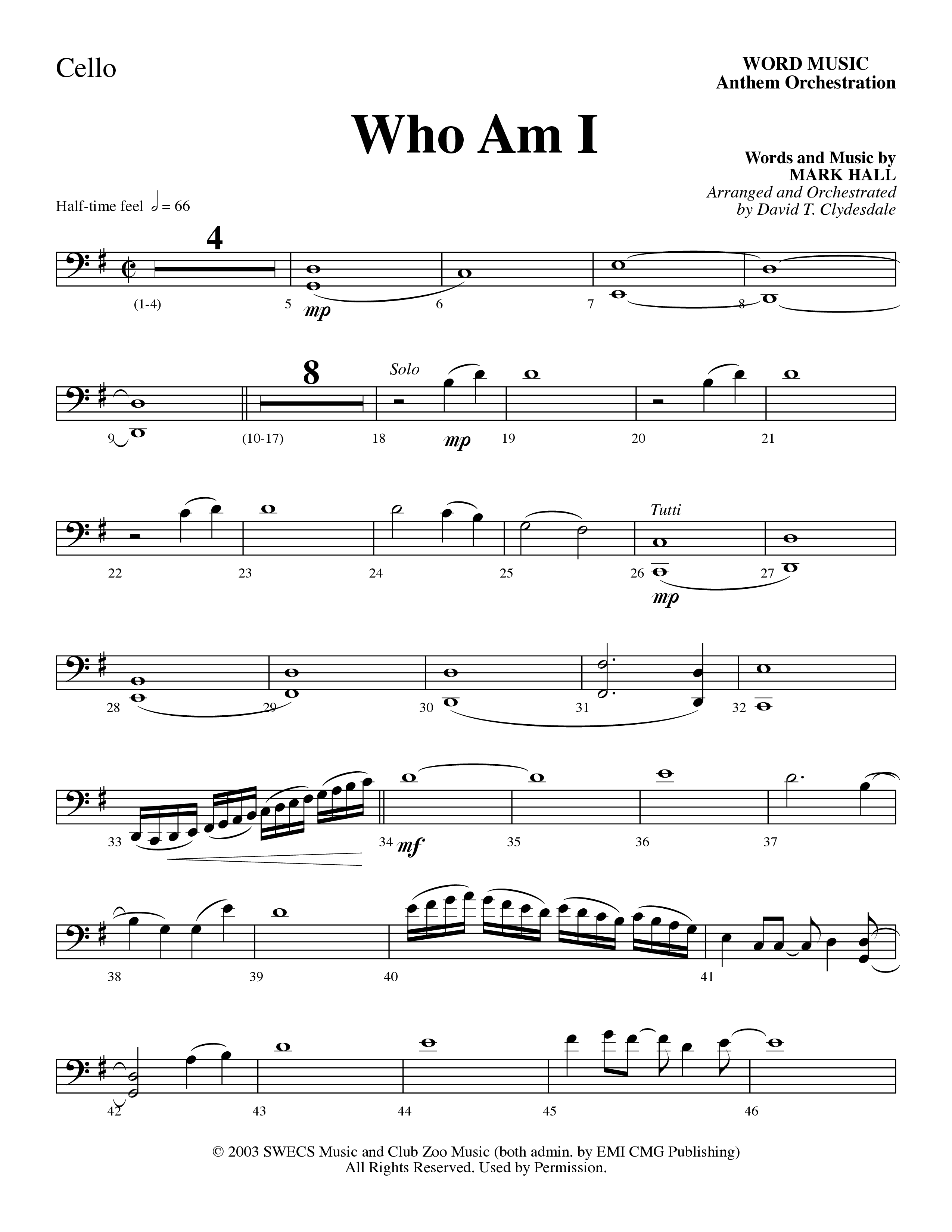 Who Am I (Choral Anthem SATB) Cello (Word Music Choral / Arr. David Clydesdale)