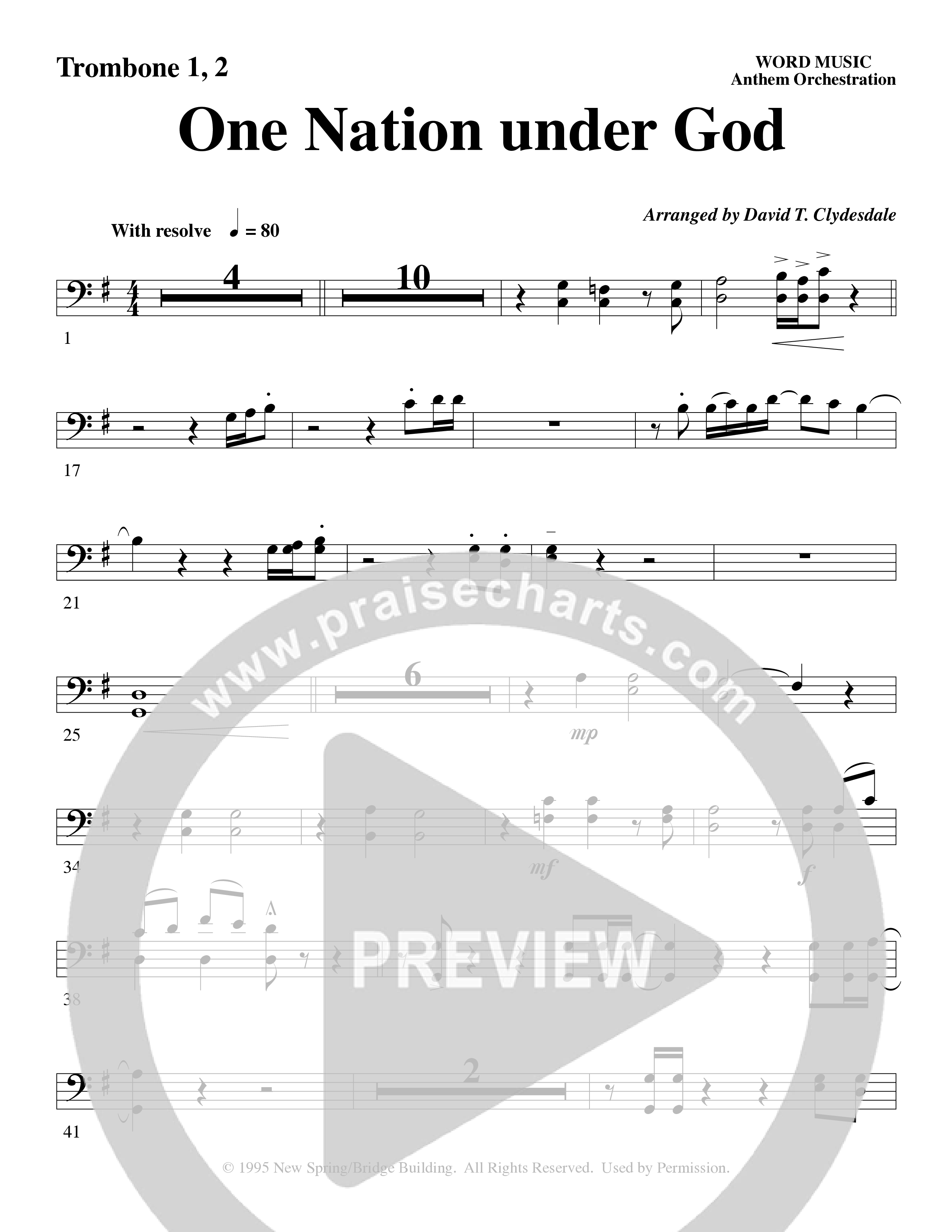 One Nation Under God (Choral Anthem SATB) Trombone 1/2 (Word Music Choral / Arr. David Clydesdale)