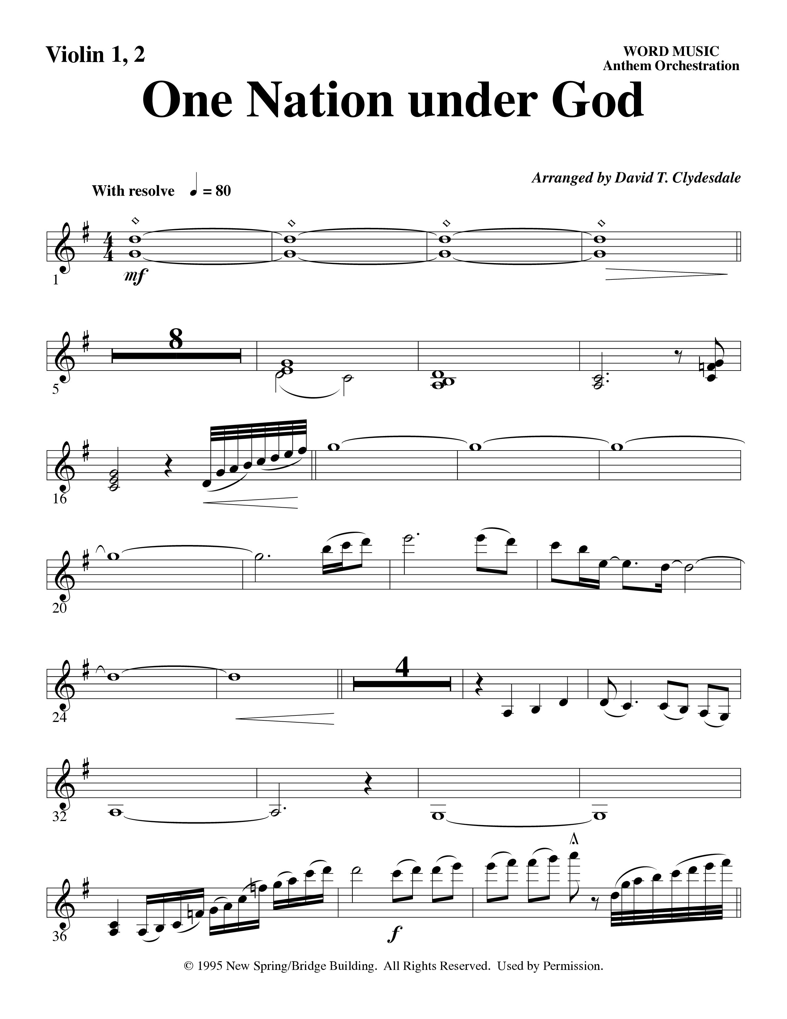 One Nation Under God (Choral Anthem SATB) Violin 1/2 (Word Music Choral / Arr. David Clydesdale)