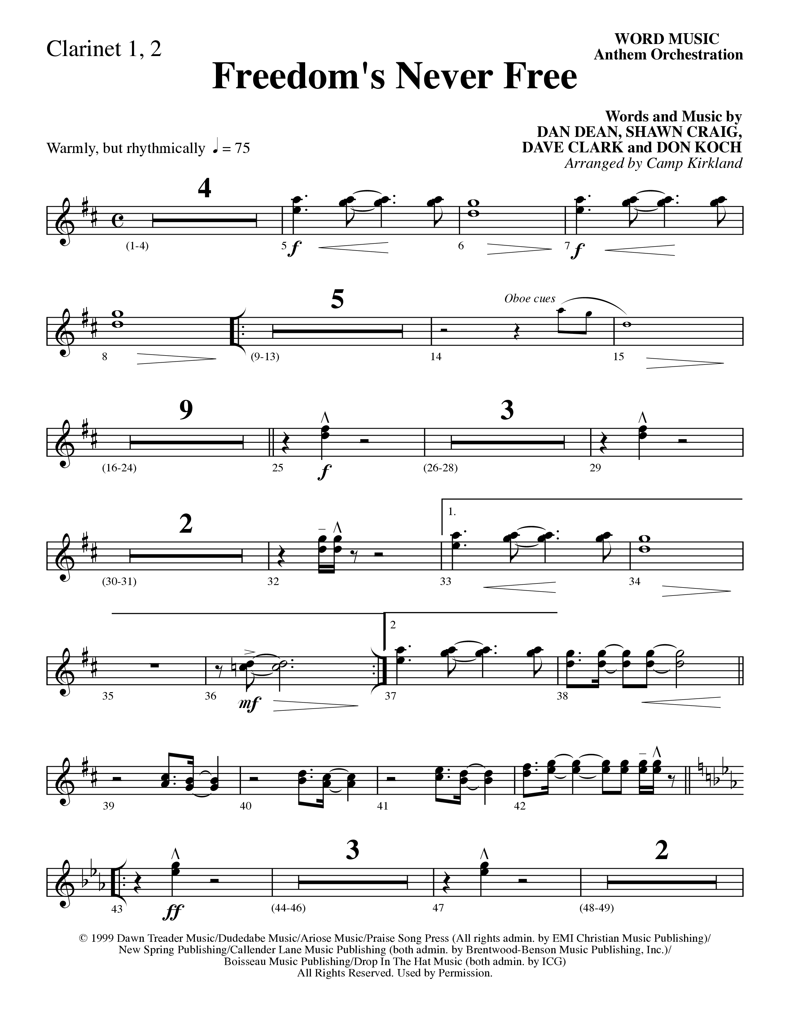 Freedom's Never Free (Choral Anthem SATB) Clarinet 1/2 (Word Music Choral / Arr. Camp Kirkland)
