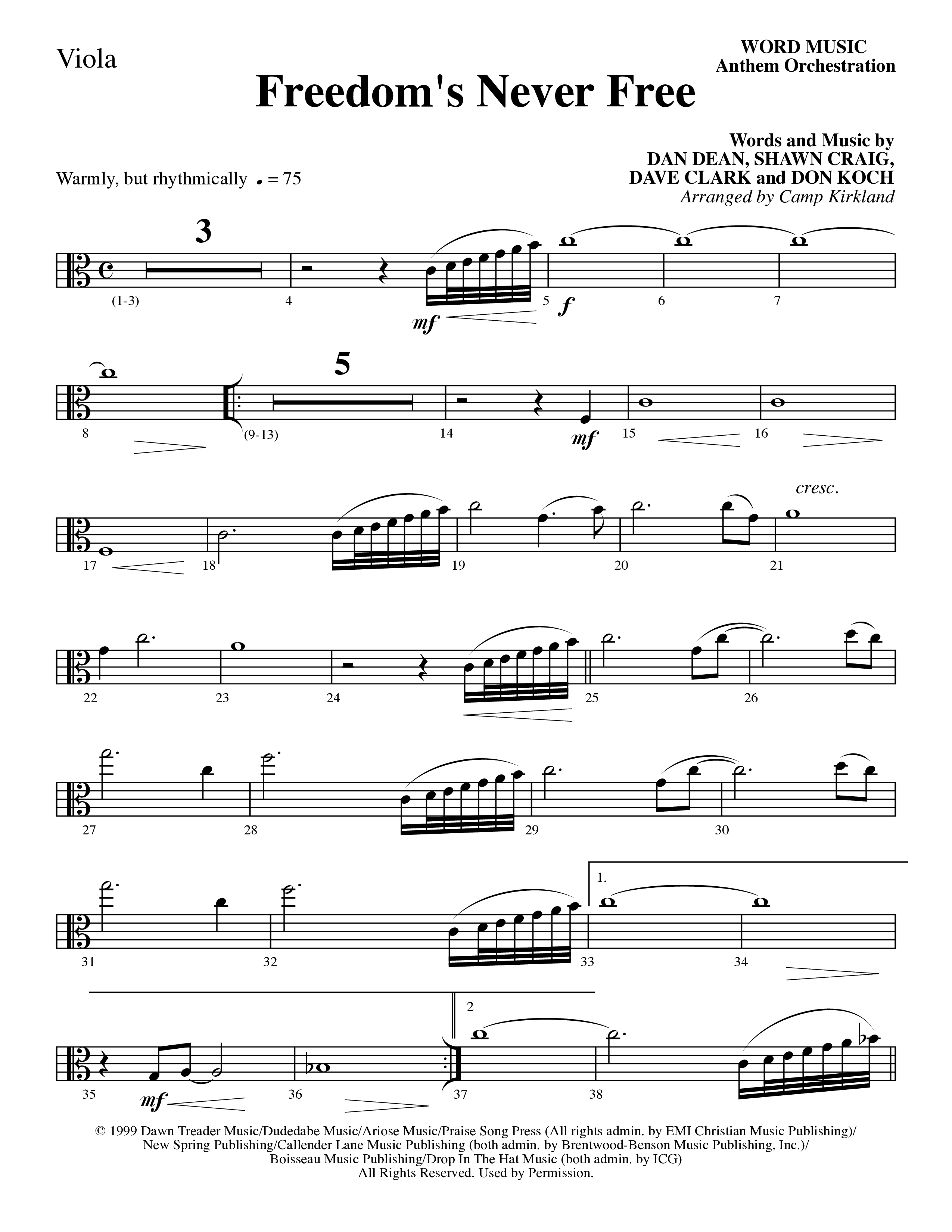 Freedom's Never Free (Choral Anthem SATB) Viola (Word Music Choral / Arr. Camp Kirkland)