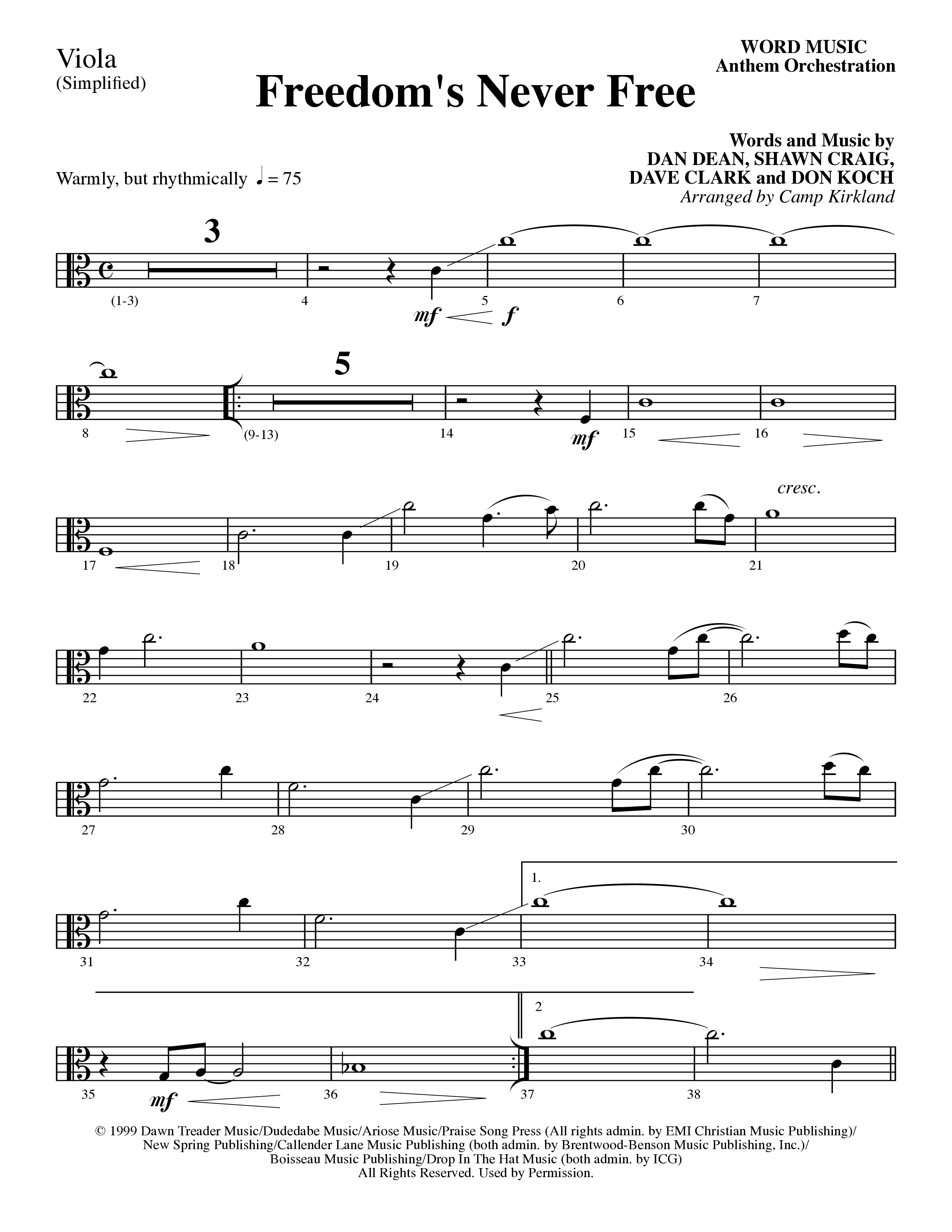 Freedom's Never Free (Choral Anthem SATB) Viola (Word Music Choral / Arr. Camp Kirkland)
