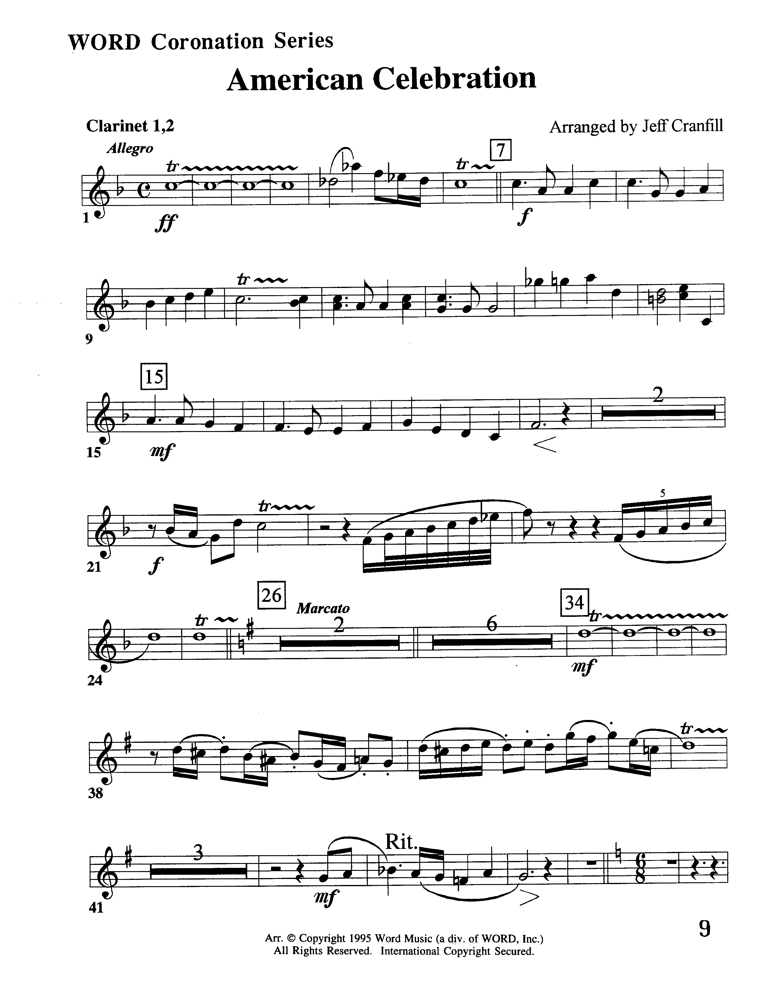 American Celebration (Instrumental) Clarinet 1/2 (Word Music / Arr. Jeff Cranfill)