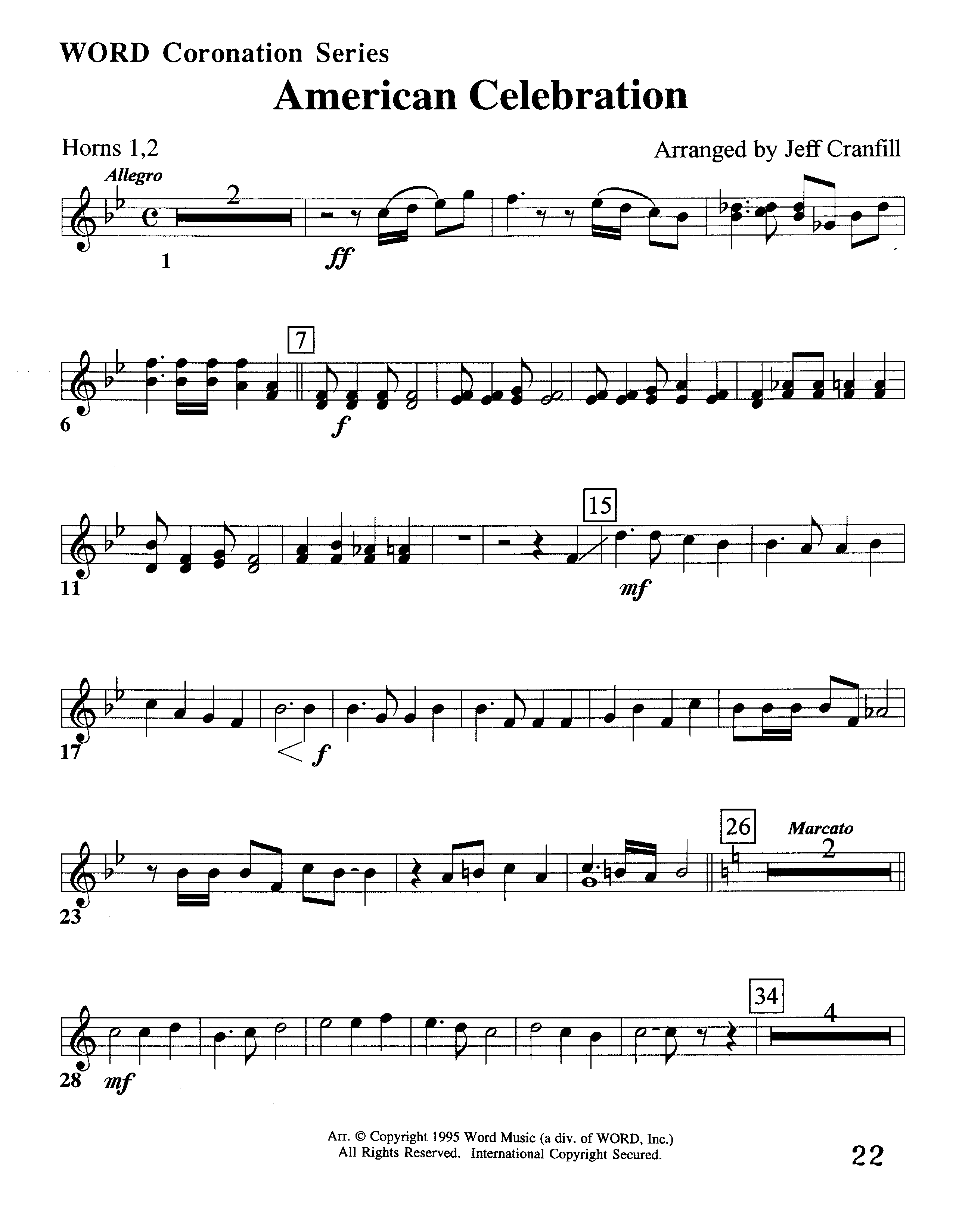American Celebration (Instrumental) French Horn 1/2 (Word Music / Arr. Jeff Cranfill)