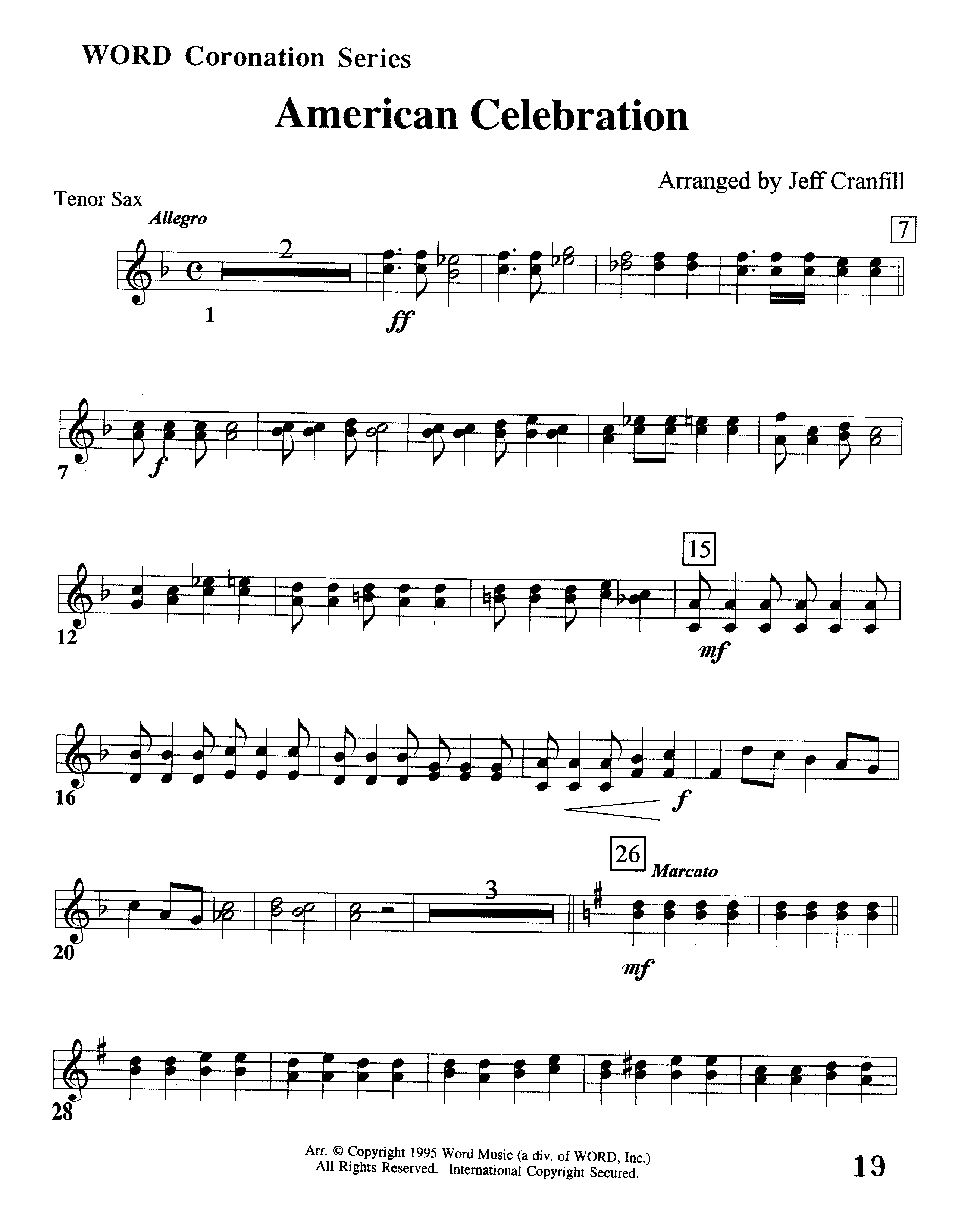 American Celebration (Instrumental) Tenor Sax 1 (Word Music / Arr. Jeff Cranfill)