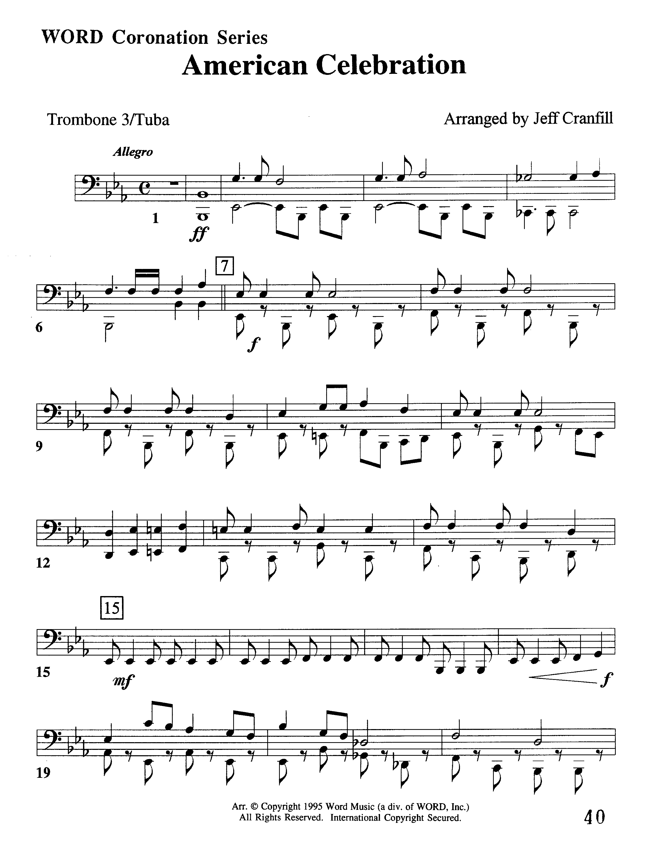 American Celebration (Instrumental) Trombone 3/Tuba (Word Music / Arr. Jeff Cranfill)