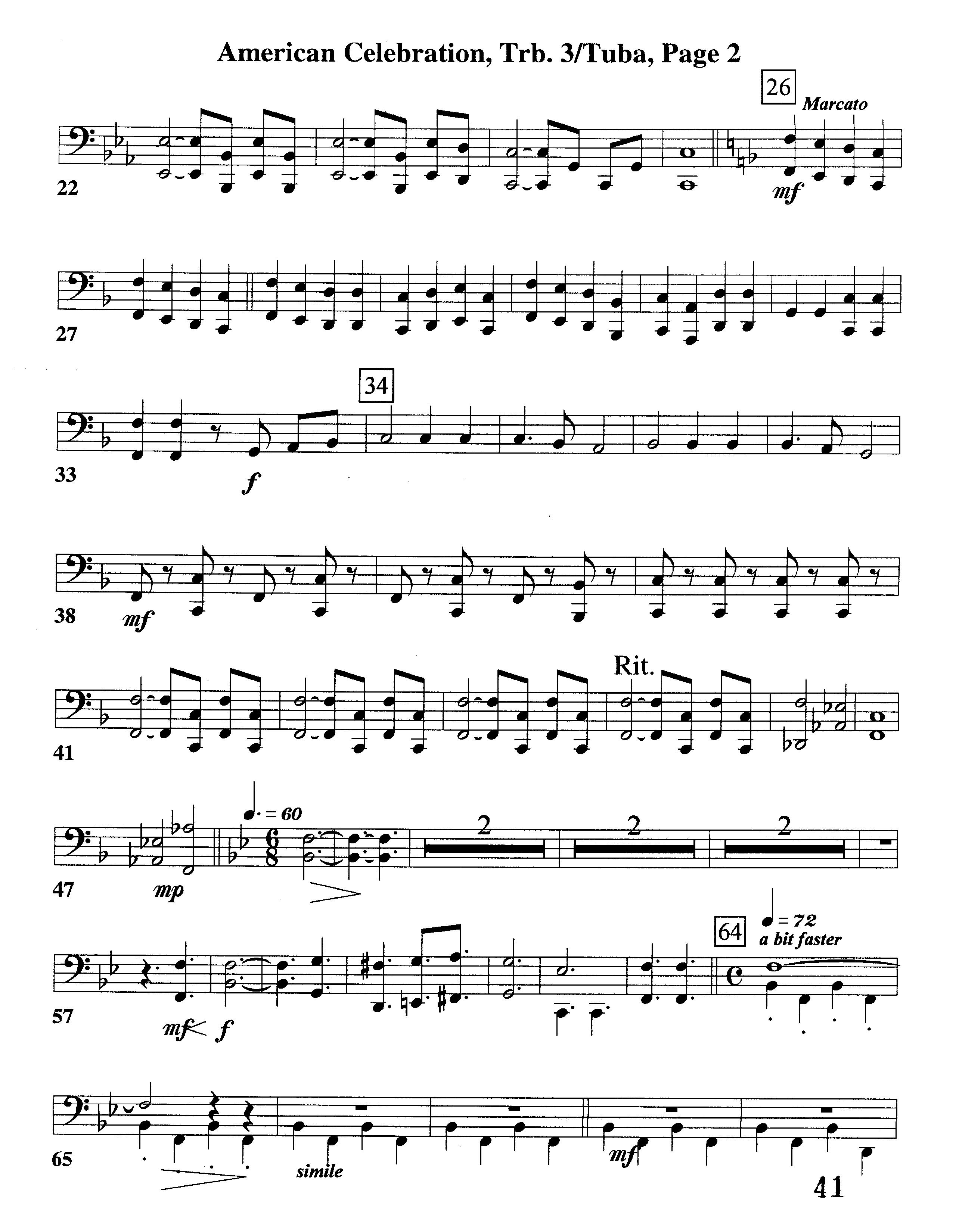 American Celebration (Instrumental) Trombone 3/Tuba (Word Music / Arr. Jeff Cranfill)