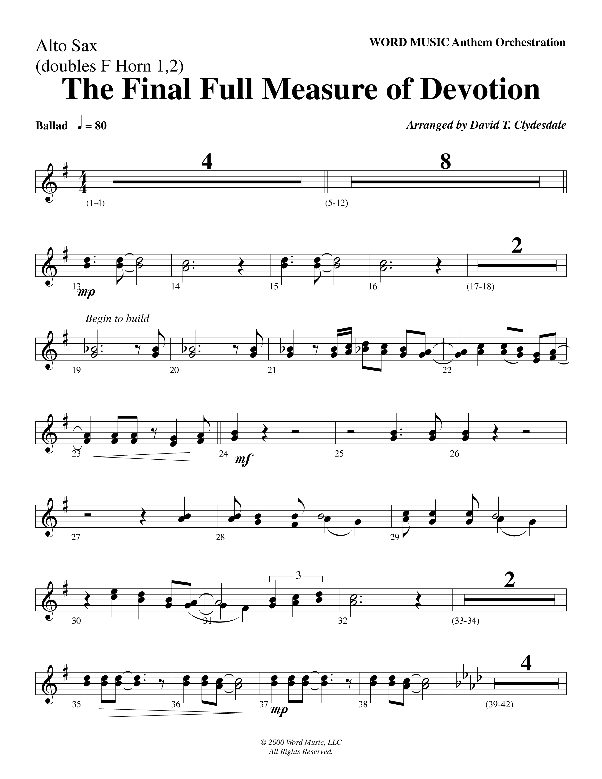 The Final Full Measure Of Devotion Alto Sax (Word Music Choral / Arr. David Clydesdale)