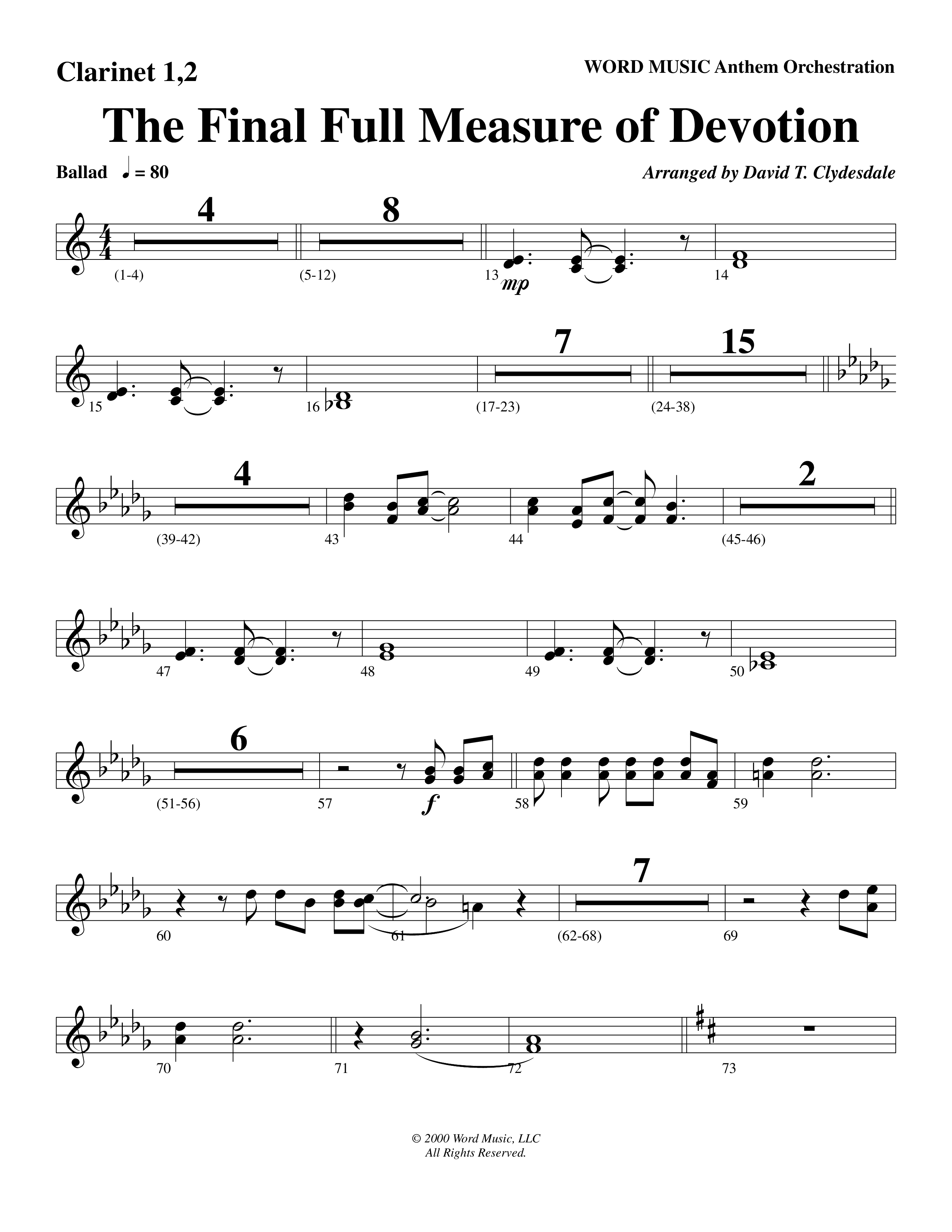 The Final Full Measure Of Devotion Clarinet 1/2 (Word Music Choral / Arr. David Clydesdale)