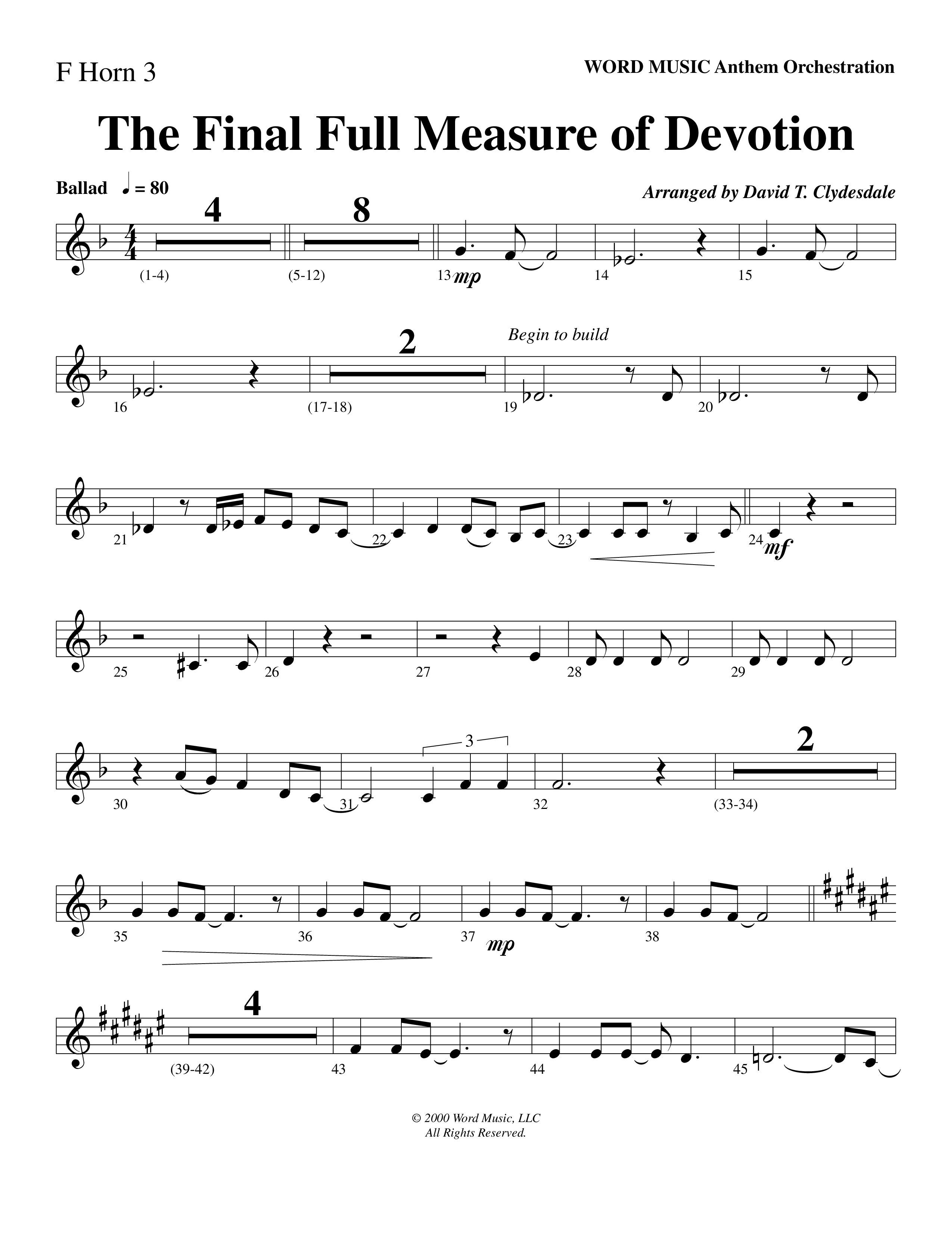 The Final Full Measure Of Devotion French Horn 3 (Word Music Choral / Arr. David Clydesdale)