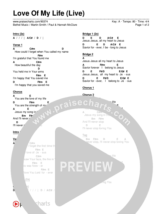 Love Of My Life (Live) Chords & Lyrics (Bethel Music / Martin Smith / Paul & Hannah McClure)
