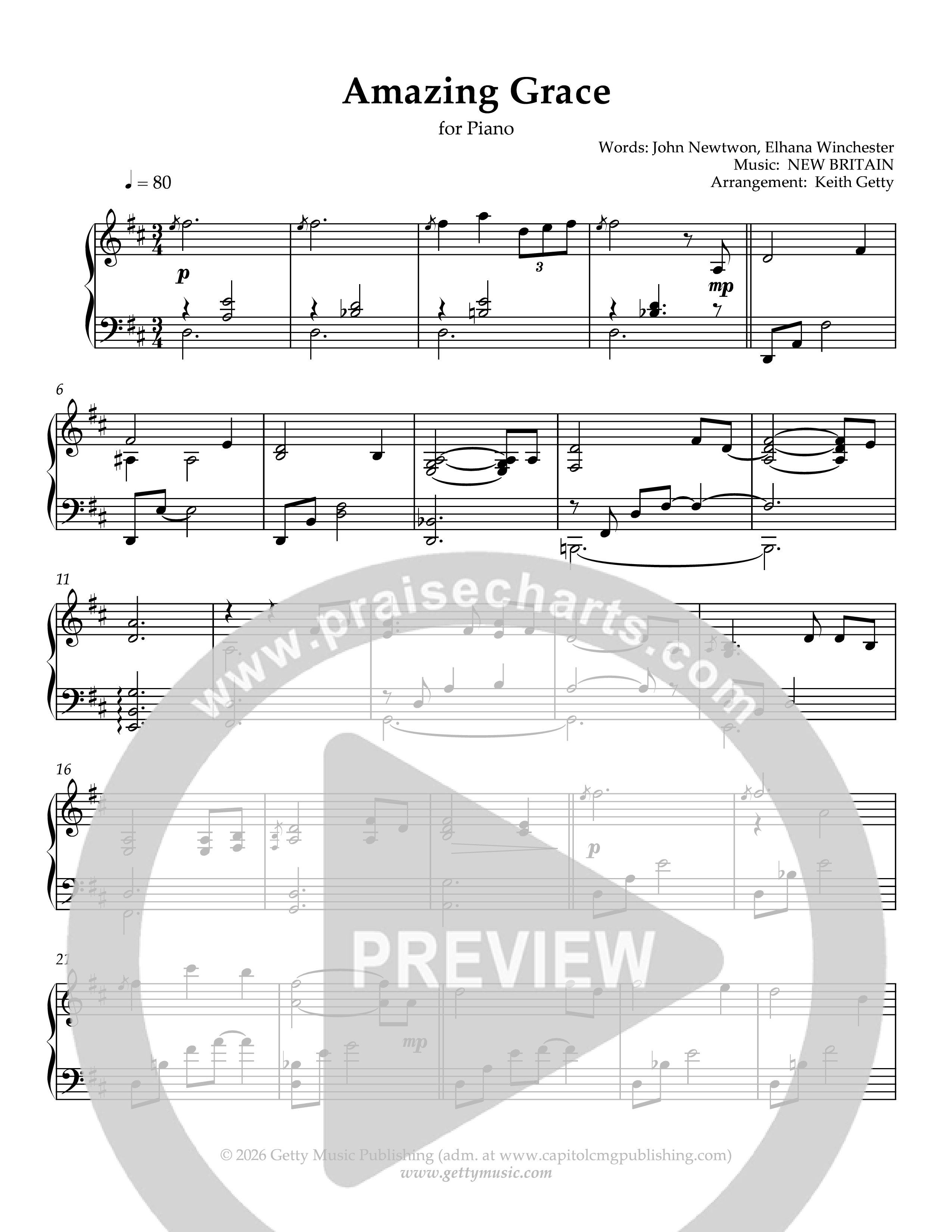Amazing Grace (Piano) Piano Sheet (Keith & Kristyn Getty)