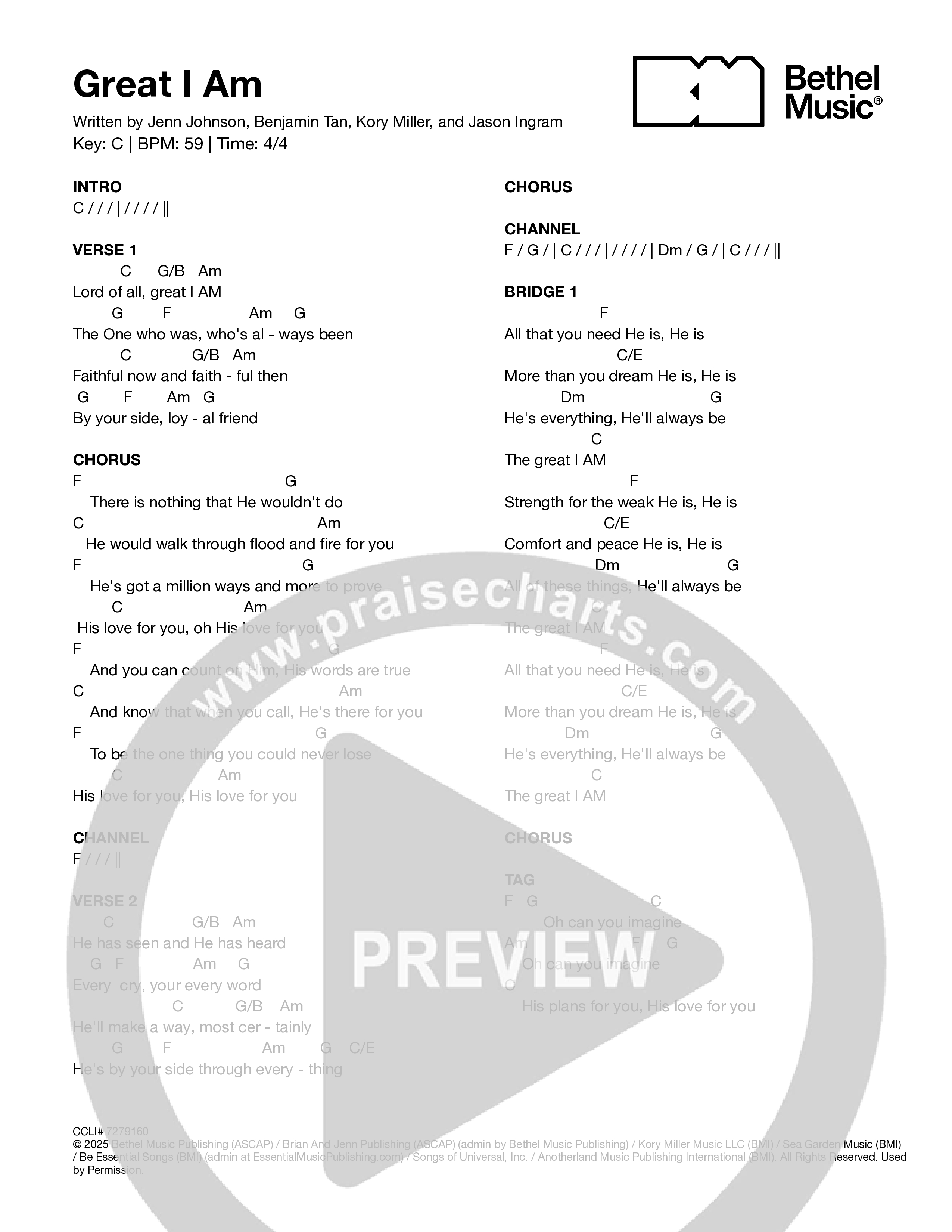 Great I Am Chord Chart (Jenn Johnson)