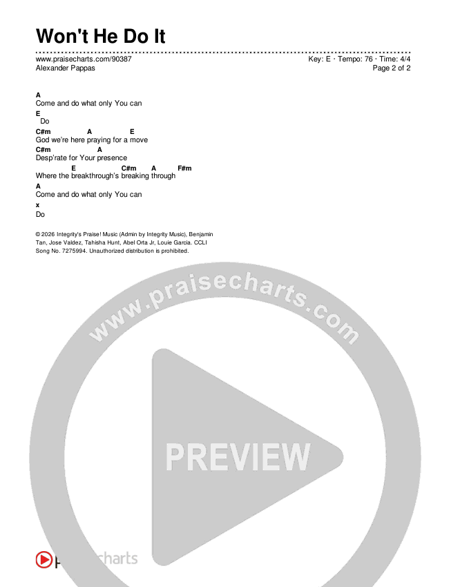 Won't He Do It Chord Chart (Alexander Pappas)