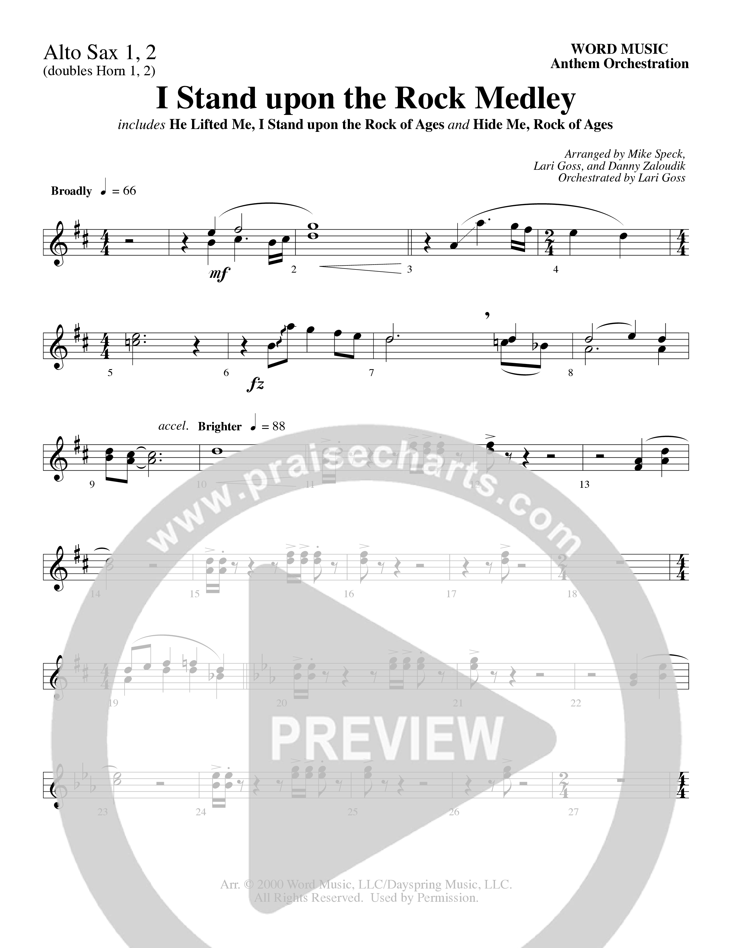 I Stand Upon The Rock Medley (with He Lifted Me, I Stand Upon The Rock Of Ages and Hide Me Rock of A (Choral Anthem SATB) Alto Sax 1/2 (Word Music Choral / Arr. Mike Speck / Arr. Danny Zaloudik / Arr. Lari Goss / Orch. Lari Goss)