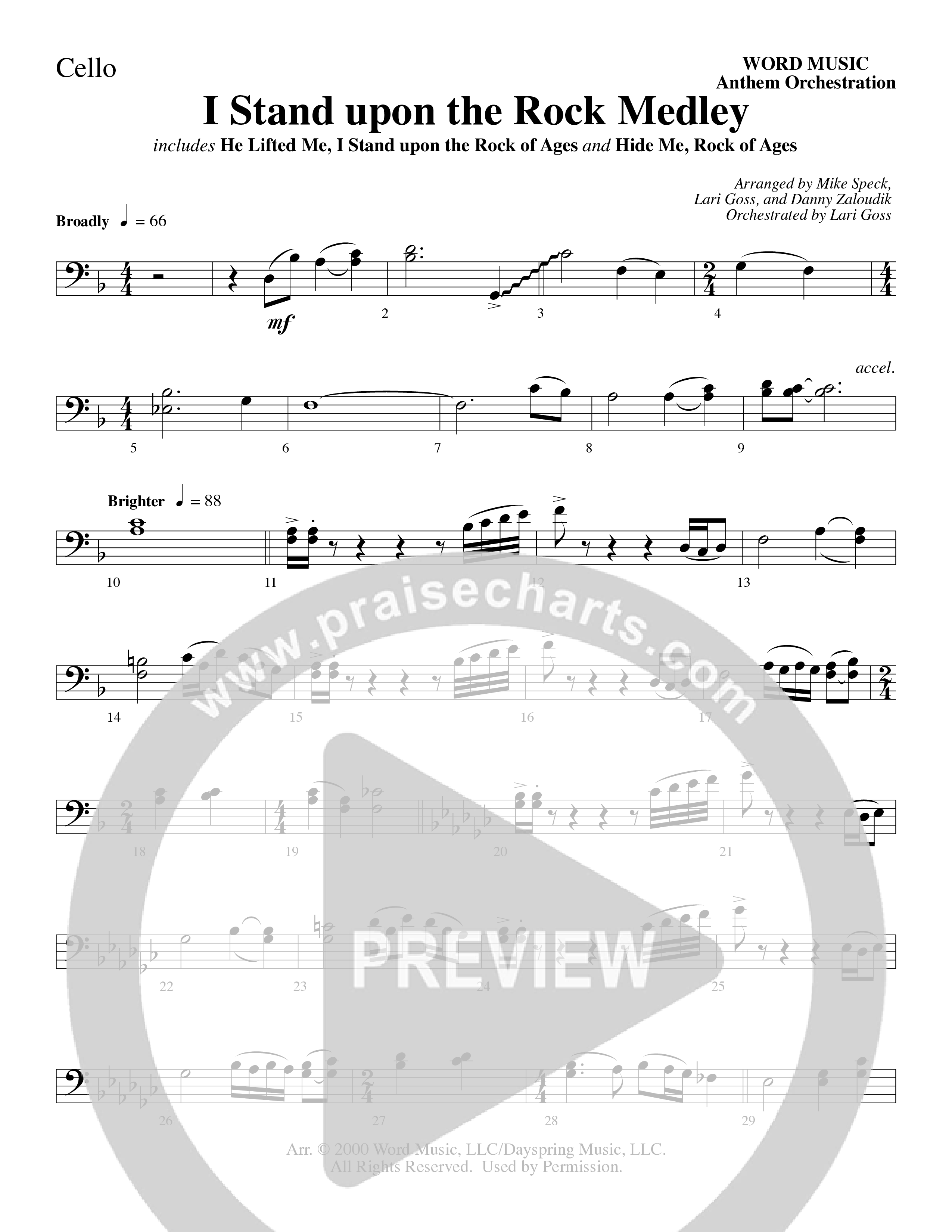 I Stand Upon The Rock Medley (with He Lifted Me, I Stand Upon The Rock Of Ages and Hide Me Rock of A (Choral Anthem SATB) Cello (Word Music Choral / Arr. Mike Speck / Arr. Danny Zaloudik / Arr. Lari Goss / Orch. Lari Goss)