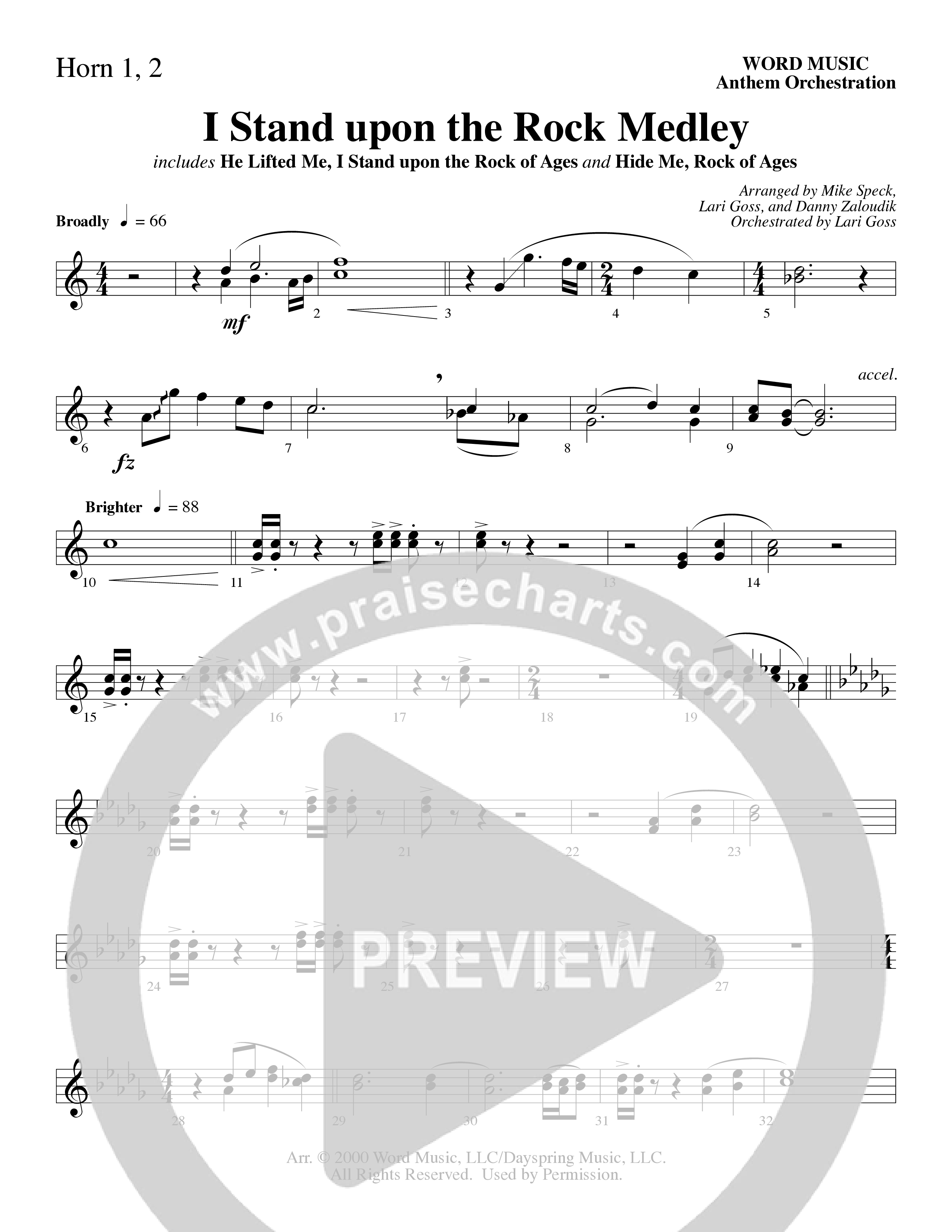 I Stand Upon The Rock Medley (with He Lifted Me, I Stand Upon The Rock Of Ages and Hide Me Rock of A (Choral Anthem SATB) French Horn 1/2 (Word Music Choral / Arr. Mike Speck / Arr. Danny Zaloudik / Arr. Lari Goss / Orch. Lari Goss)