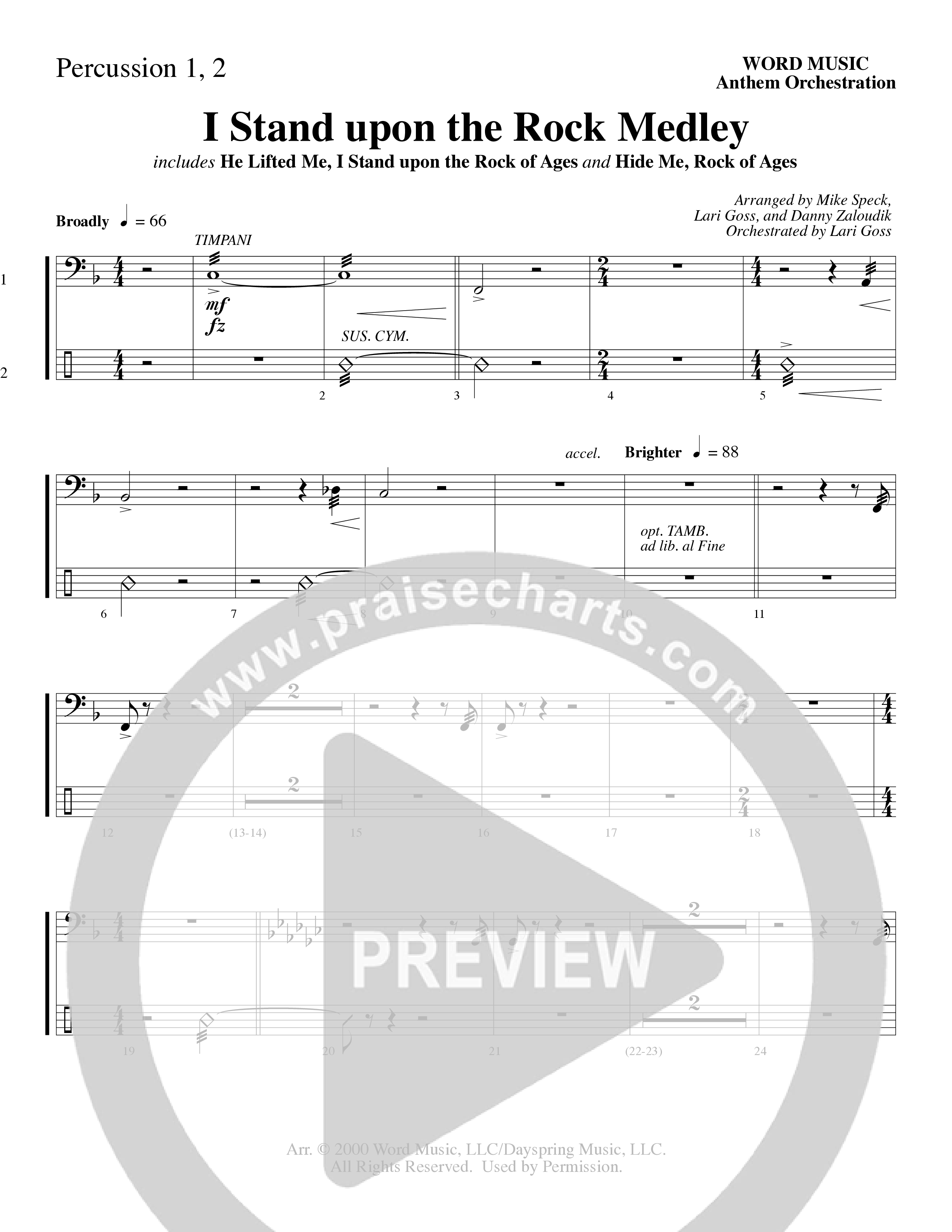 I Stand Upon The Rock Medley (with He Lifted Me, I Stand Upon The Rock Of Ages and Hide Me Rock of A (Choral Anthem SATB) Percussion 1/2 (Word Music Choral / Arr. Mike Speck / Arr. Danny Zaloudik / Arr. Lari Goss / Orch. Lari Goss)