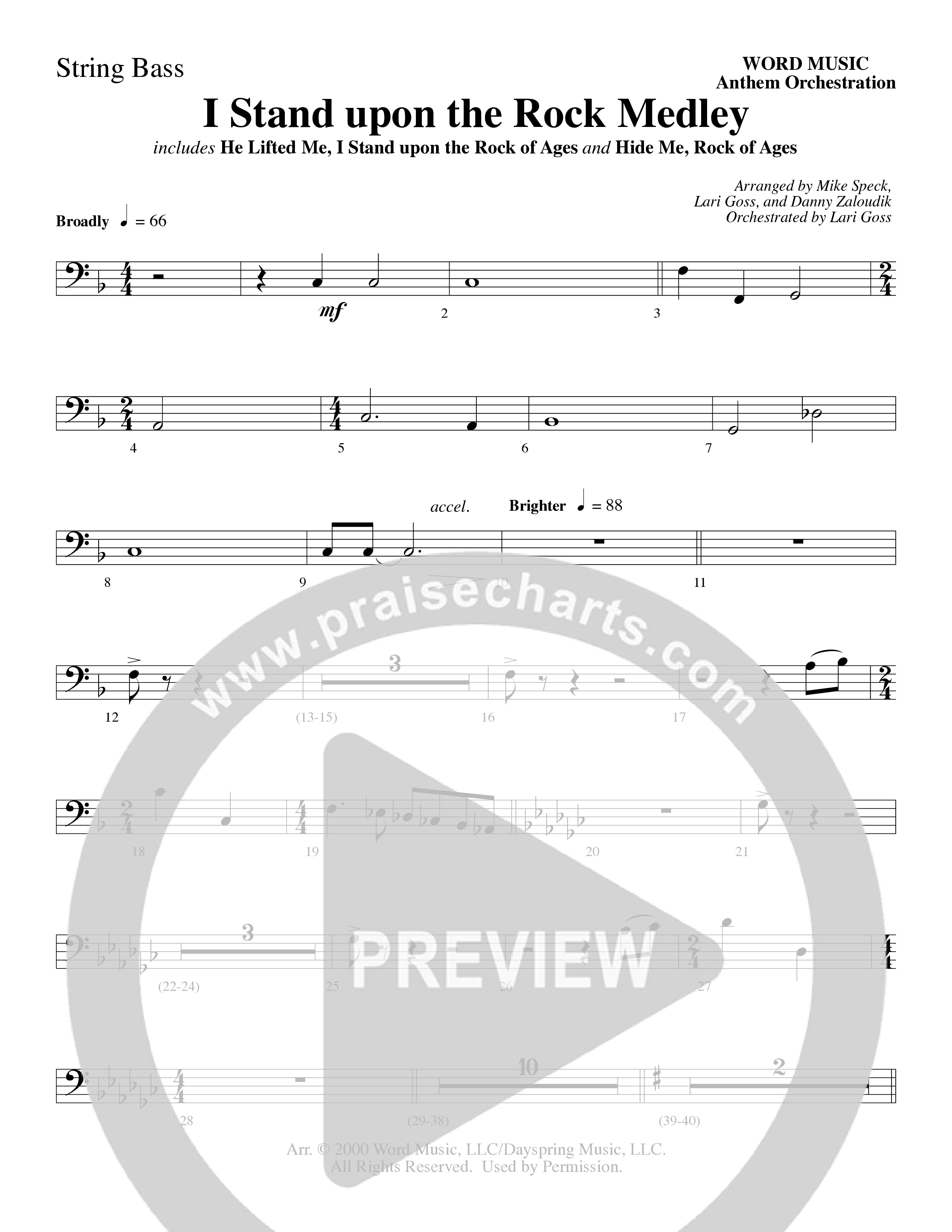 I Stand Upon The Rock Medley (with He Lifted Me, I Stand Upon The Rock Of Ages and Hide Me Rock of A (Choral Anthem SATB) String Bass (Word Music Choral / Arr. Mike Speck / Arr. Danny Zaloudik / Arr. Lari Goss / Orch. Lari Goss)