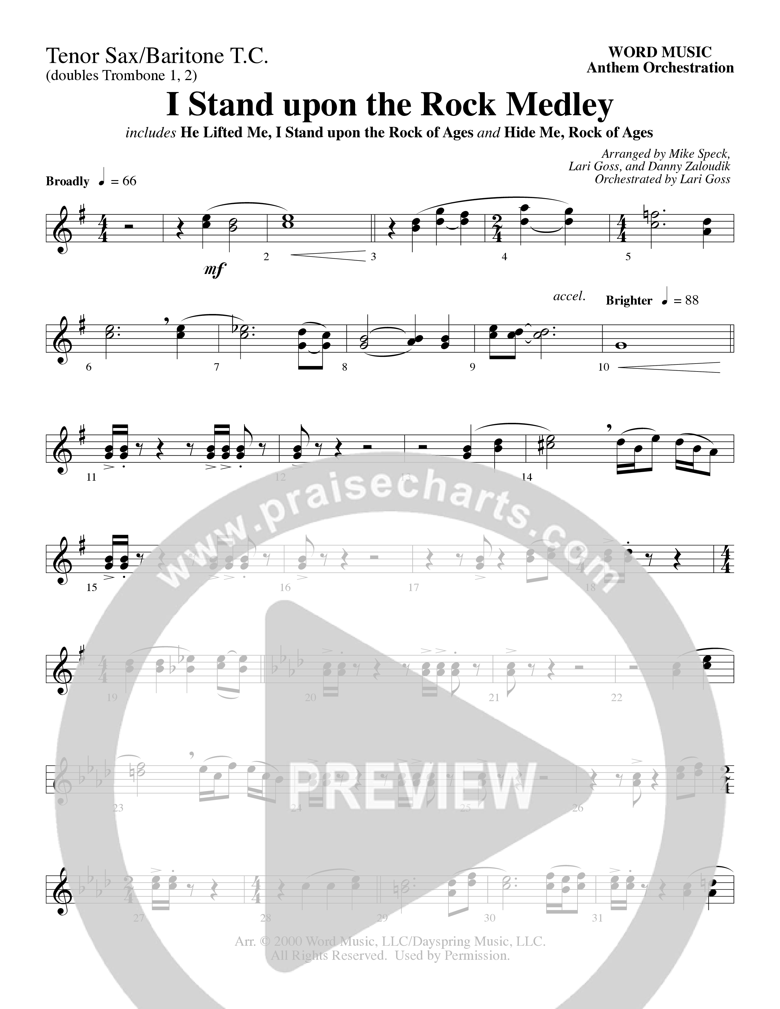 I Stand Upon The Rock Medley (with He Lifted Me, I Stand Upon The Rock Of Ages and Hide Me Rock of A (Choral Anthem SATB) Tenor Sax/Baritone T.C. (Word Music Choral / Arr. Mike Speck / Arr. Danny Zaloudik / Arr. Lari Goss / Orch. Lari Goss)
