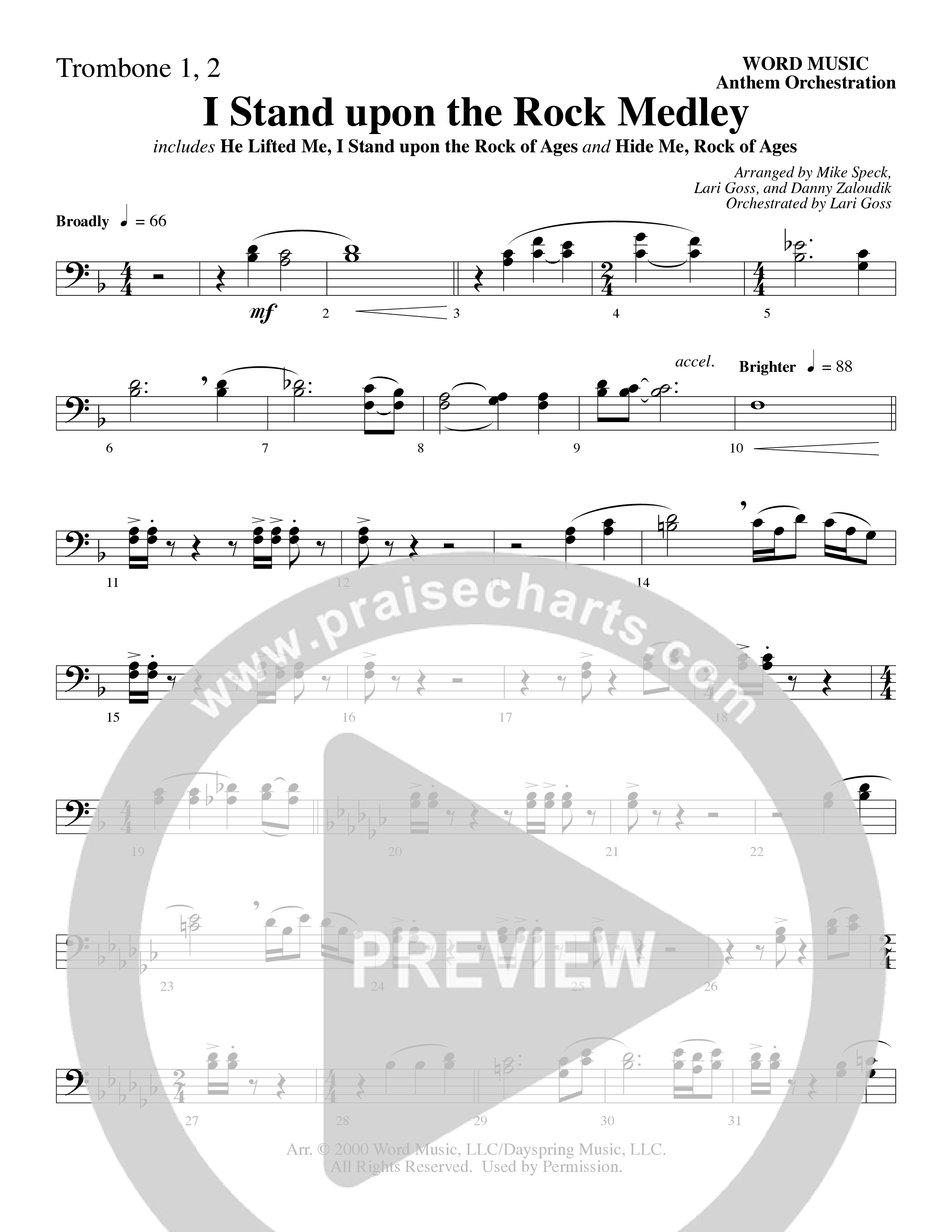 I Stand Upon The Rock Medley (with He Lifted Me, I Stand Upon The Rock Of Ages and Hide Me Rock of A (Choral Anthem SATB) Trombone 1/2 (Word Music Choral / Arr. Mike Speck / Arr. Danny Zaloudik / Arr. Lari Goss / Orch. Lari Goss)
