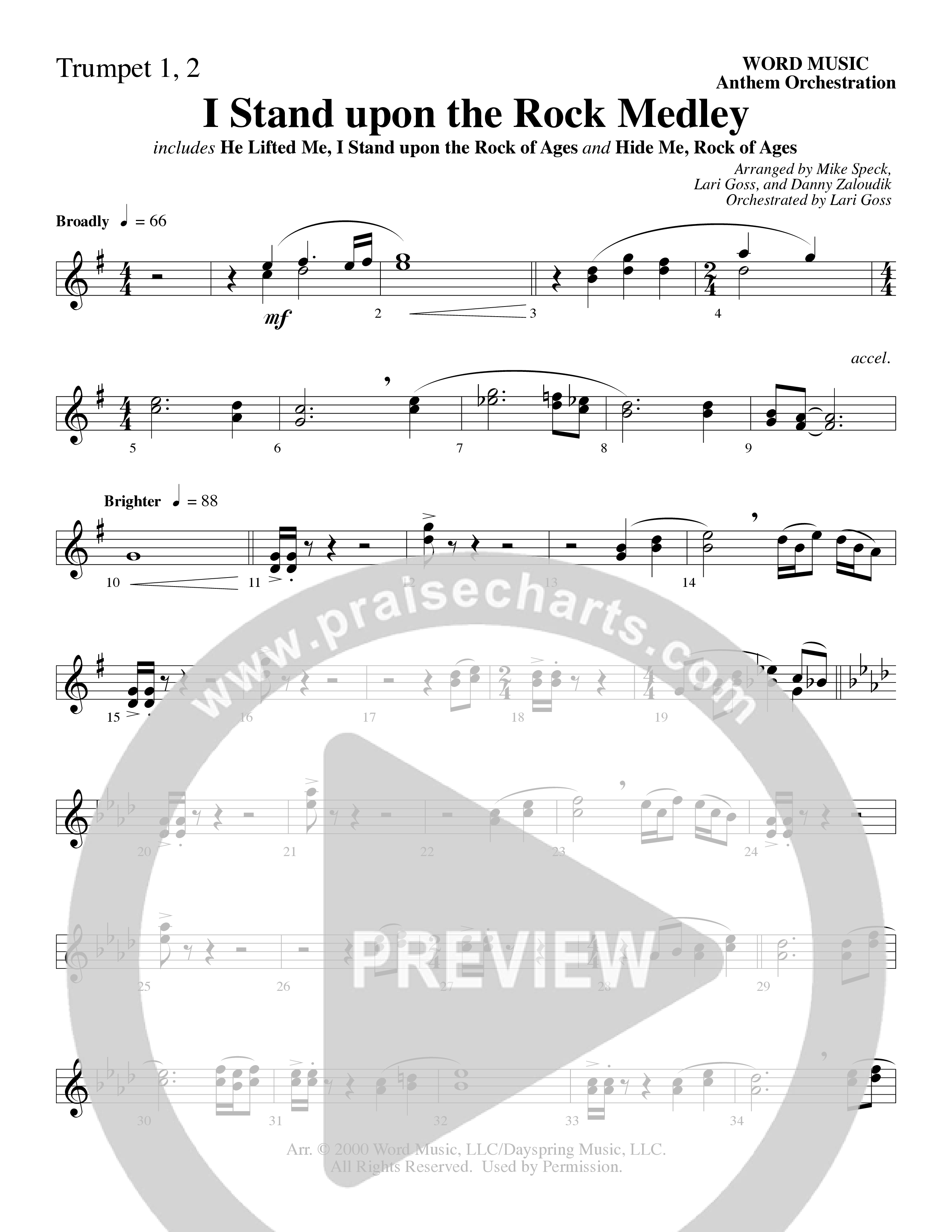 I Stand Upon The Rock Medley (with He Lifted Me, I Stand Upon The Rock Of Ages and Hide Me Rock of A (Choral Anthem SATB) Trumpet 1,2 (Word Music Choral / Arr. Mike Speck / Arr. Danny Zaloudik / Arr. Lari Goss / Orch. Lari Goss)