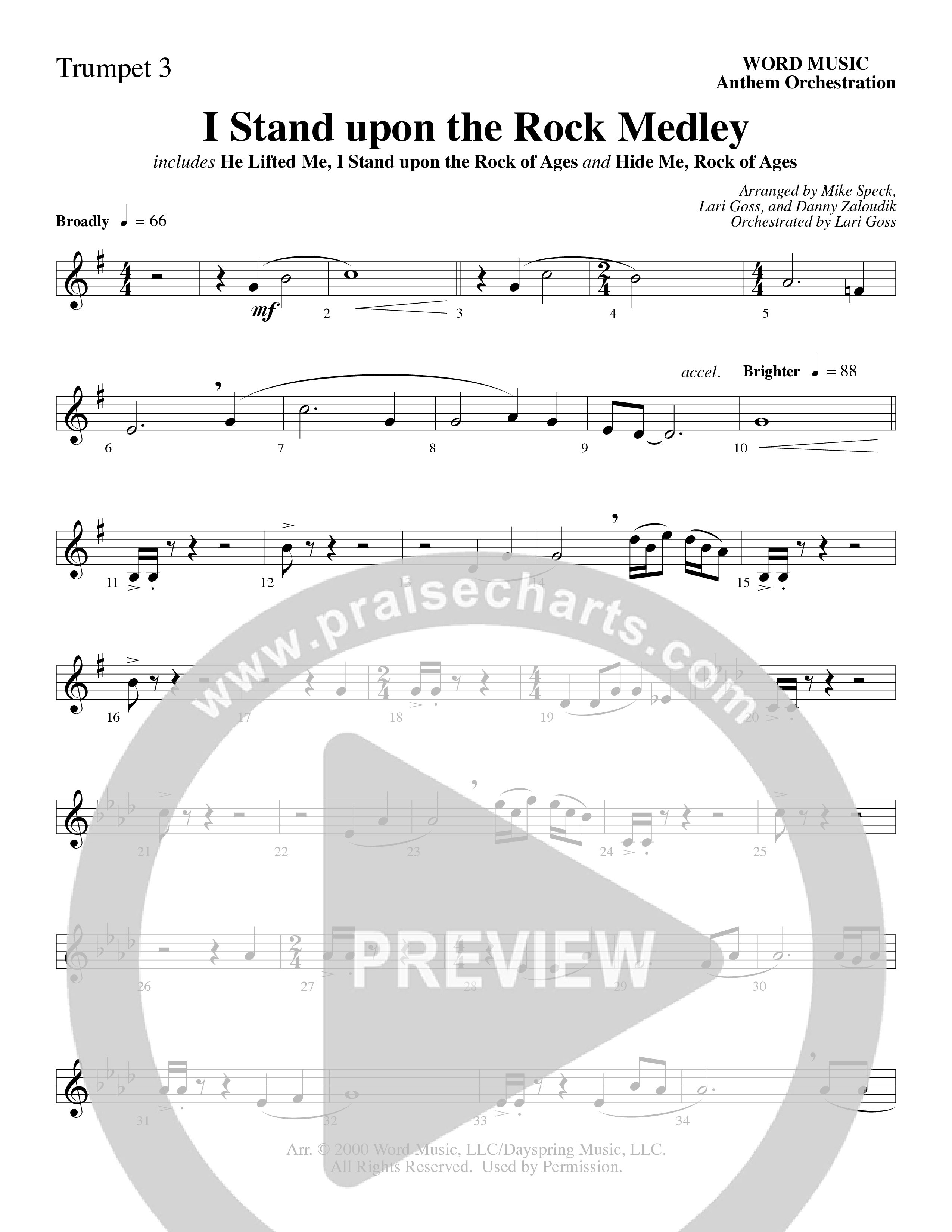 I Stand Upon The Rock Medley (with He Lifted Me, I Stand Upon The Rock Of Ages and Hide Me Rock of A (Choral Anthem SATB) Trumpet 3 (Word Music Choral / Arr. Mike Speck / Arr. Danny Zaloudik / Arr. Lari Goss / Orch. Lari Goss)