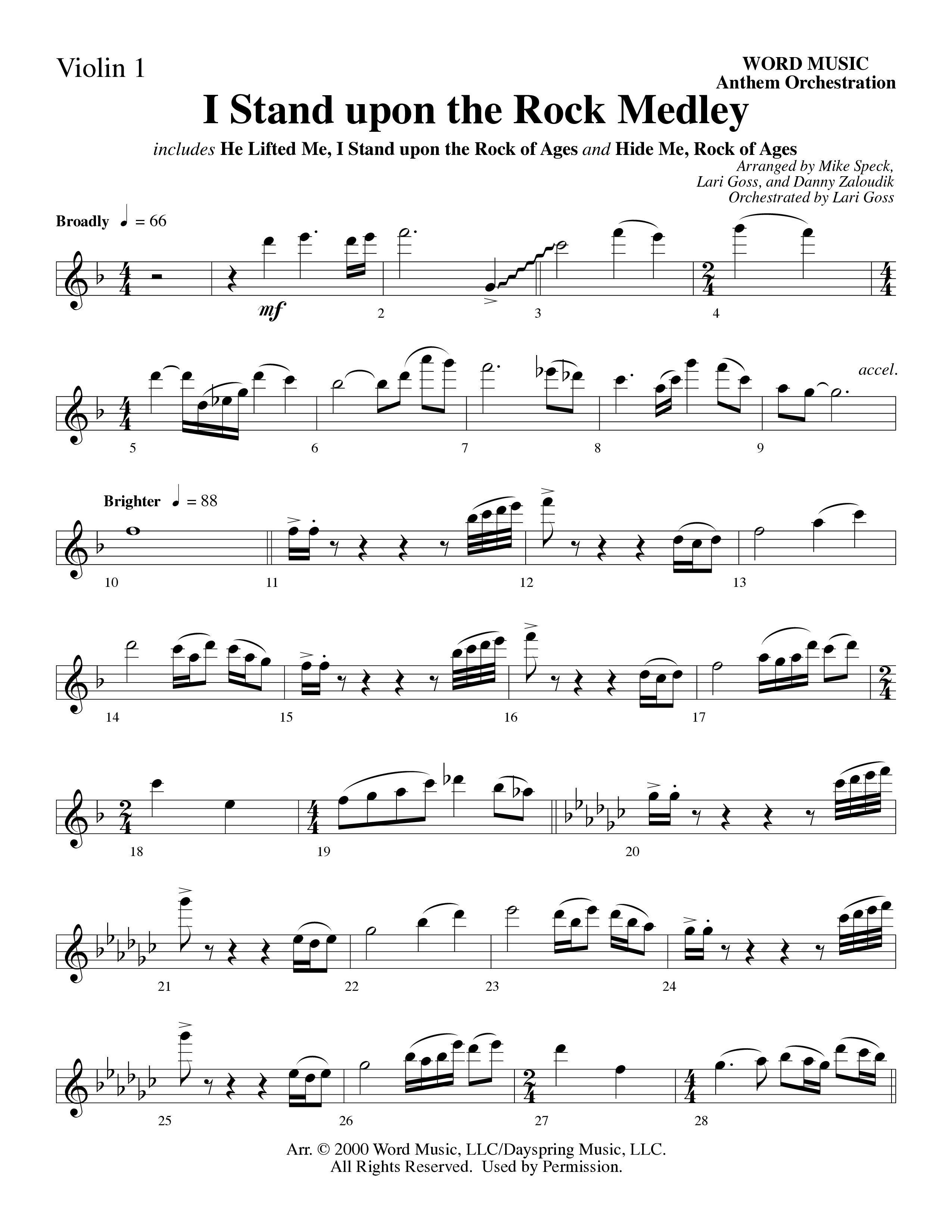 I Stand Upon The Rock Medley (with He Lifted Me, I Stand Upon The Rock Of Ages and Hide Me Rock of A (Choral Anthem SATB) Violin 1/2 (Word Music Choral / Arr. Mike Speck / Arr. Danny Zaloudik / Arr. Lari Goss / Orch. Lari Goss)