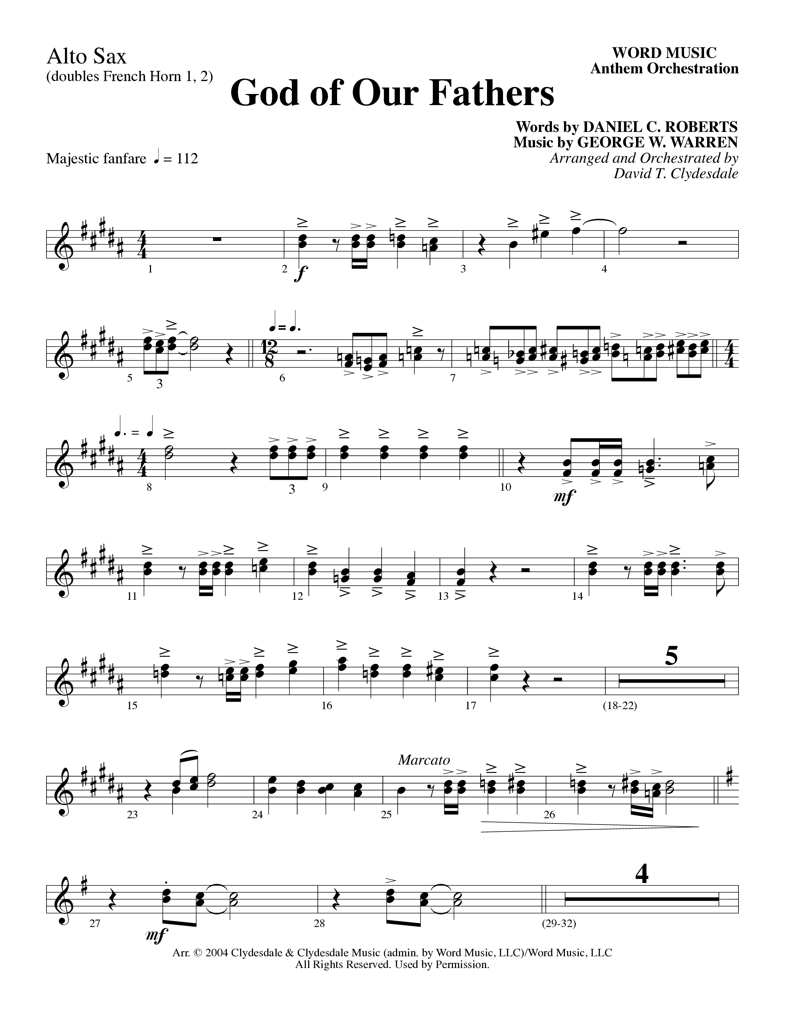 God Of Our Fathers (Choral Anthem SATB) Alto Sax (Word Music Choral / Arr. David Clydesdale)
