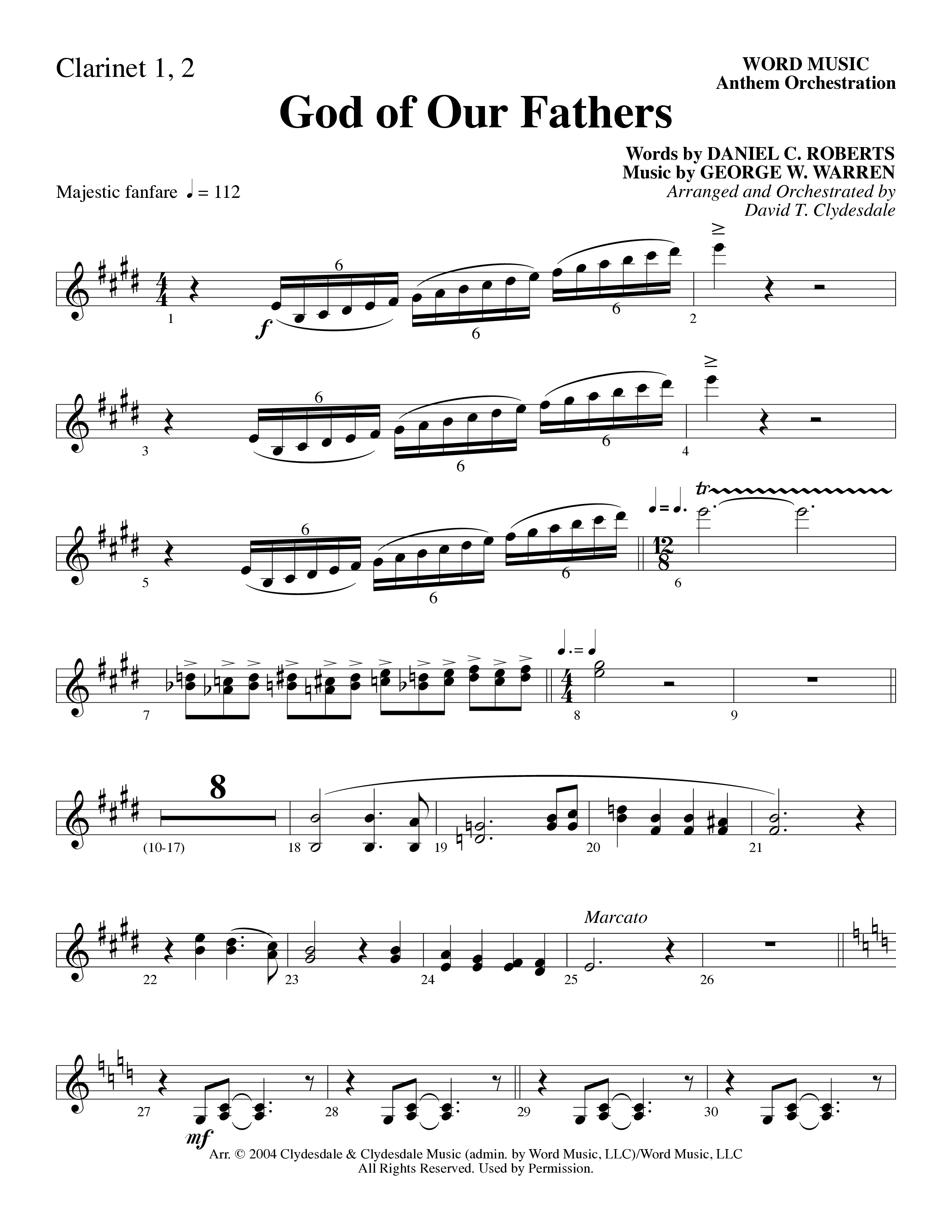 God Of Our Fathers (Choral Anthem SATB) Clarinet 1/2 (Word Music Choral / Arr. David Clydesdale)