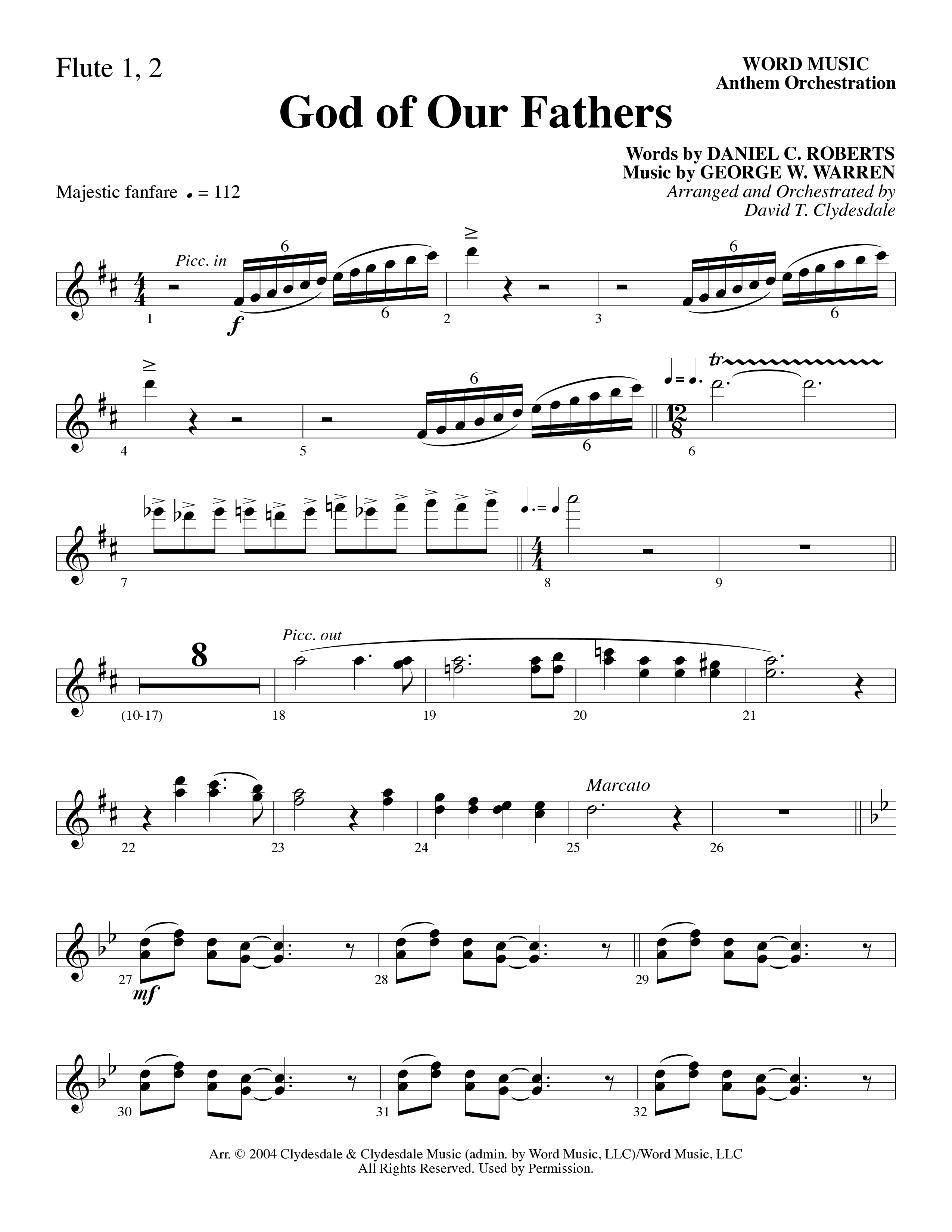 God Of Our Fathers (Choral Anthem SATB) Flute 1/2 (Word Music Choral / Arr. David Clydesdale)