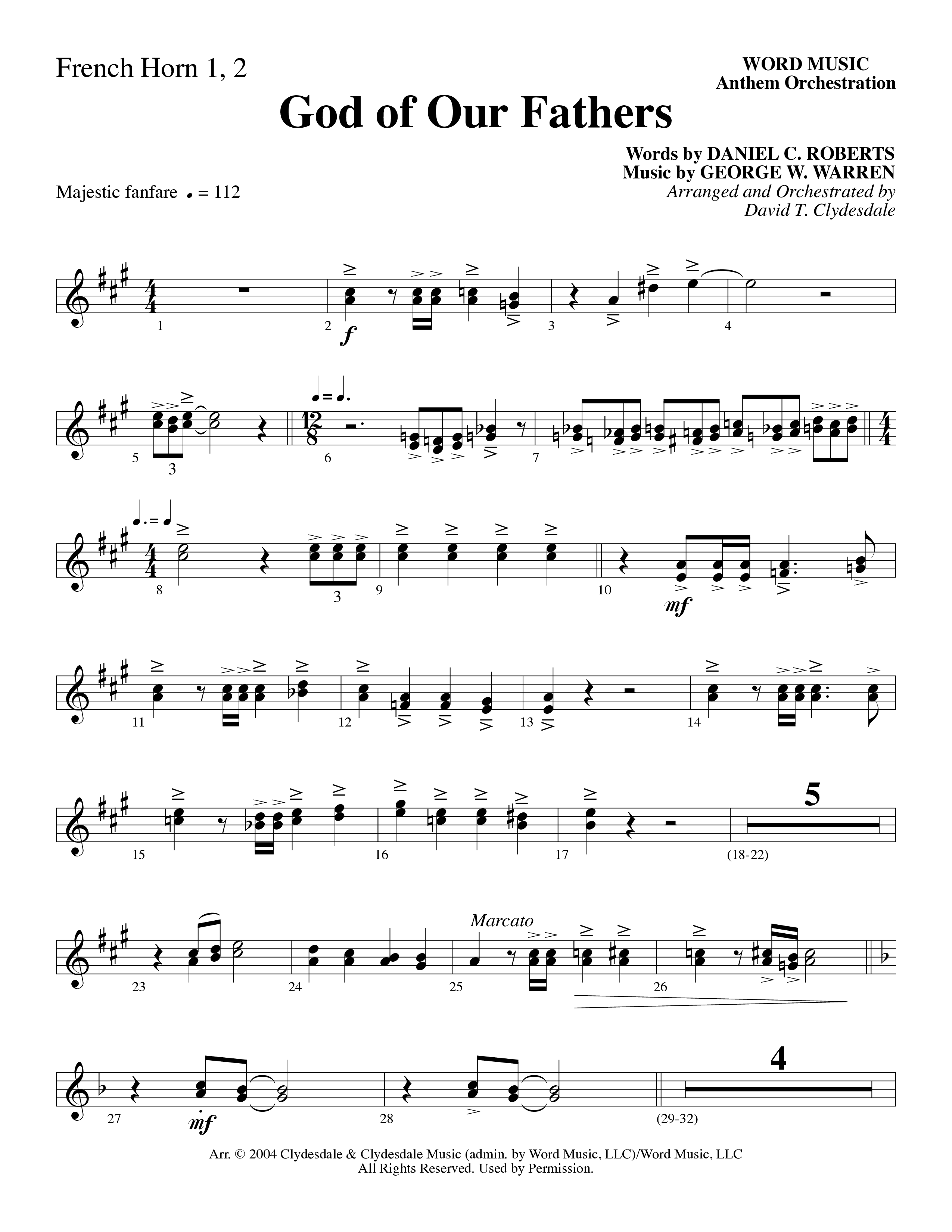 God Of Our Fathers (Choral Anthem SATB) French Horn 1/2 (Word Music Choral / Arr. David Clydesdale)