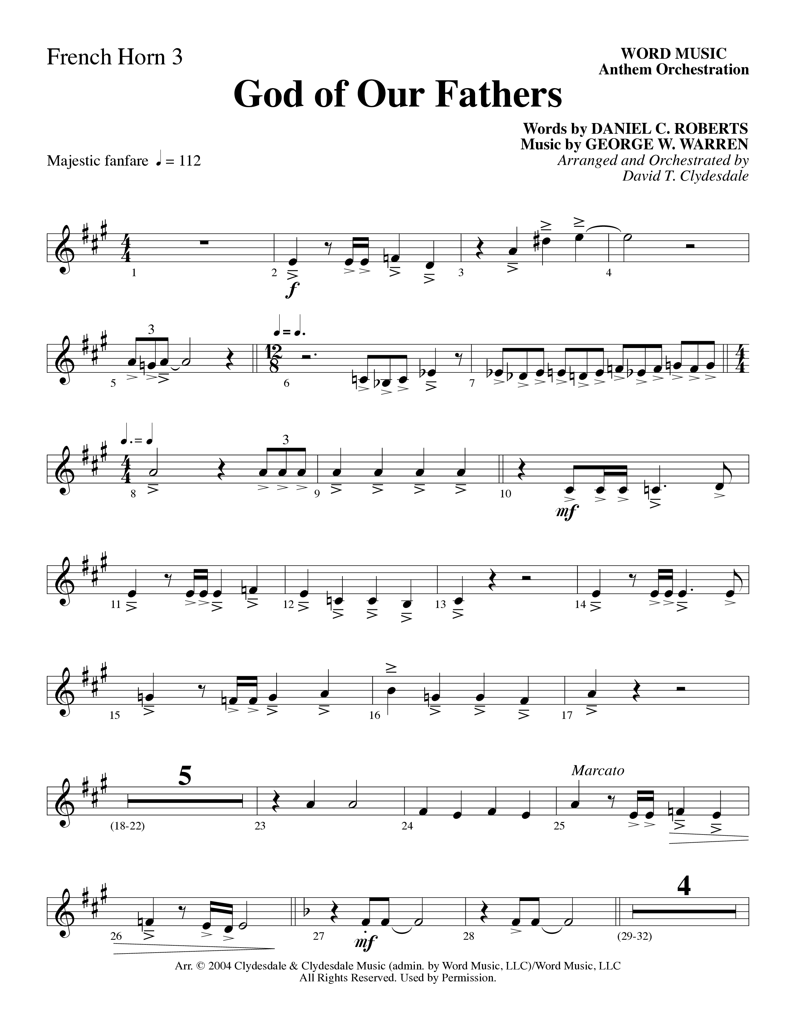 God Of Our Fathers (Choral Anthem SATB) French Horn 3 (Word Music Choral / Arr. David Clydesdale)