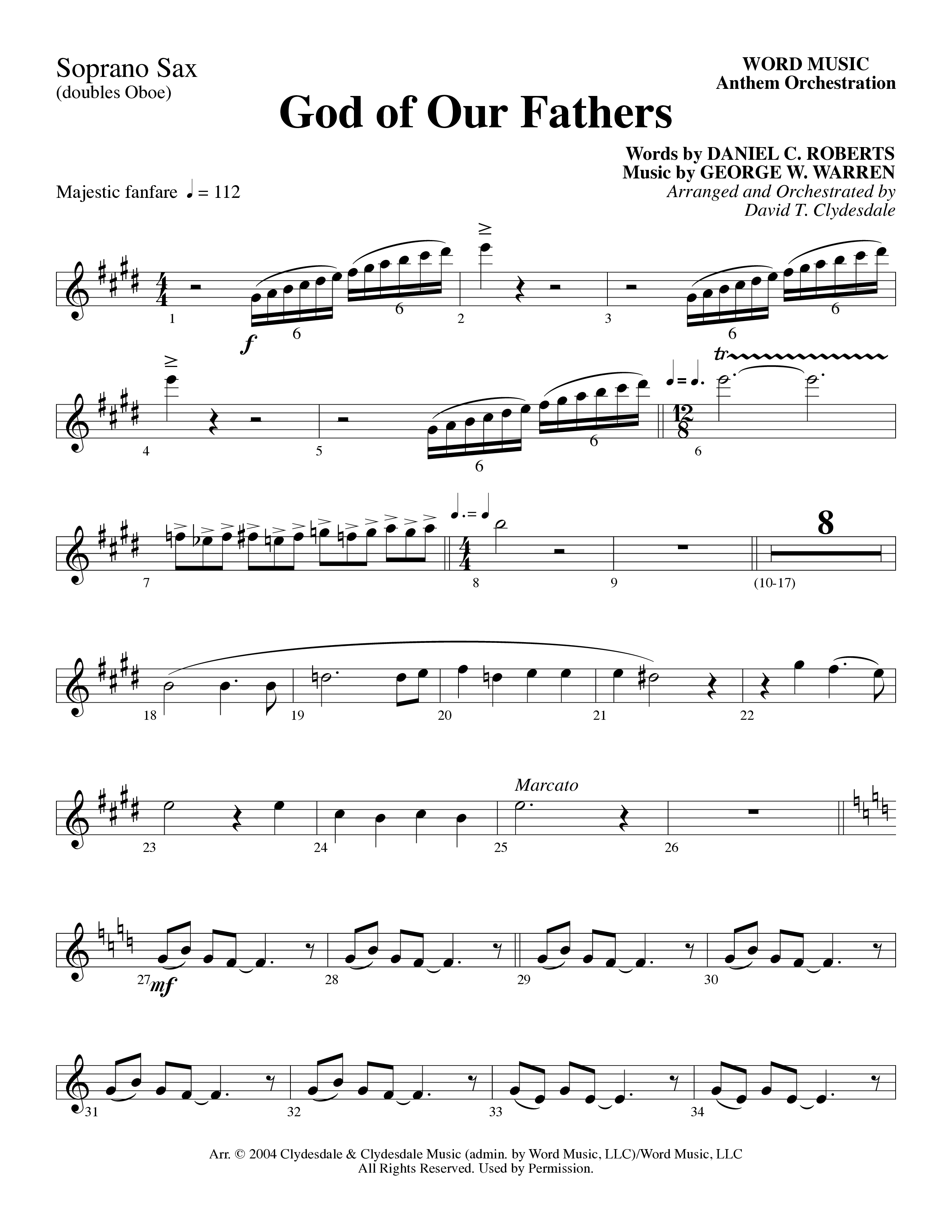 God Of Our Fathers (Choral Anthem SATB) Soprano Sax (Word Music Choral / Arr. David Clydesdale)